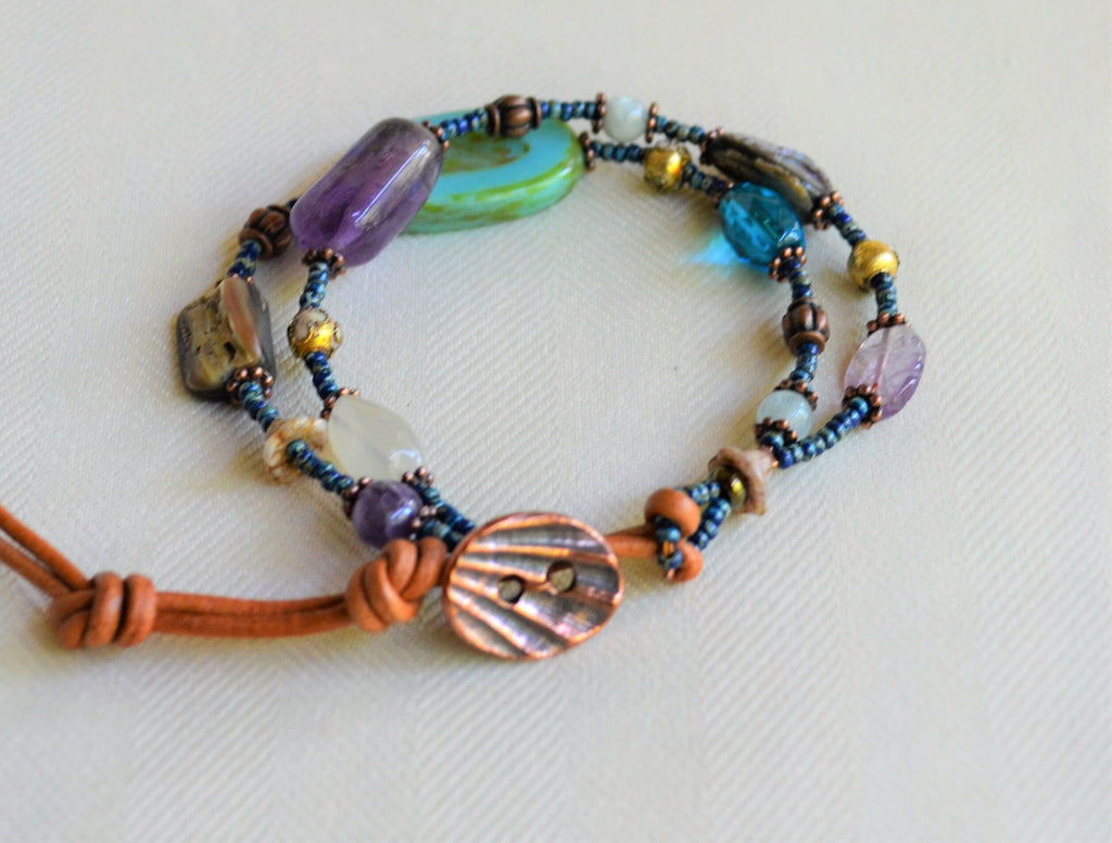 Multi-Color Bead Leather Wrap Bracelet: Amethyst, Moonstone, Agate