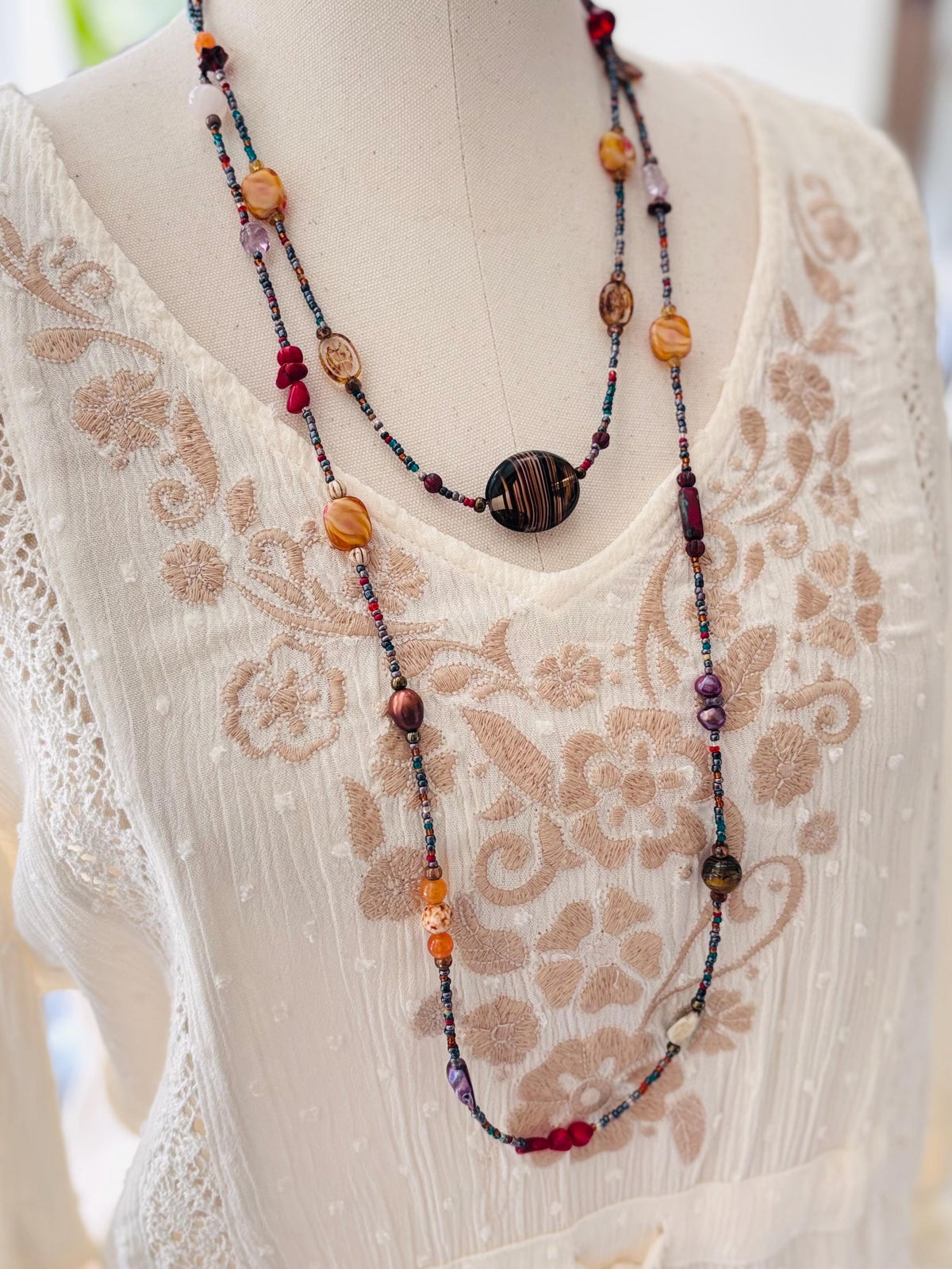 Multi-Color Gemstone and Czech Glass Lariat Necklace