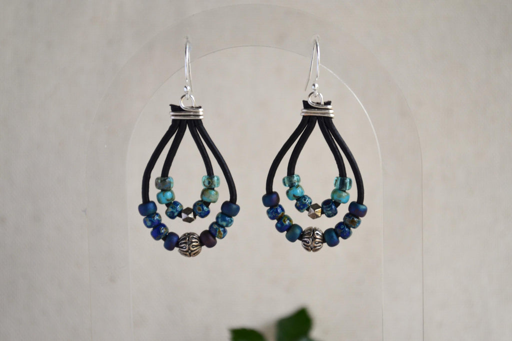Blue Green Picasso Czech Bead Earrings, Sterling Silver, Leather Cord