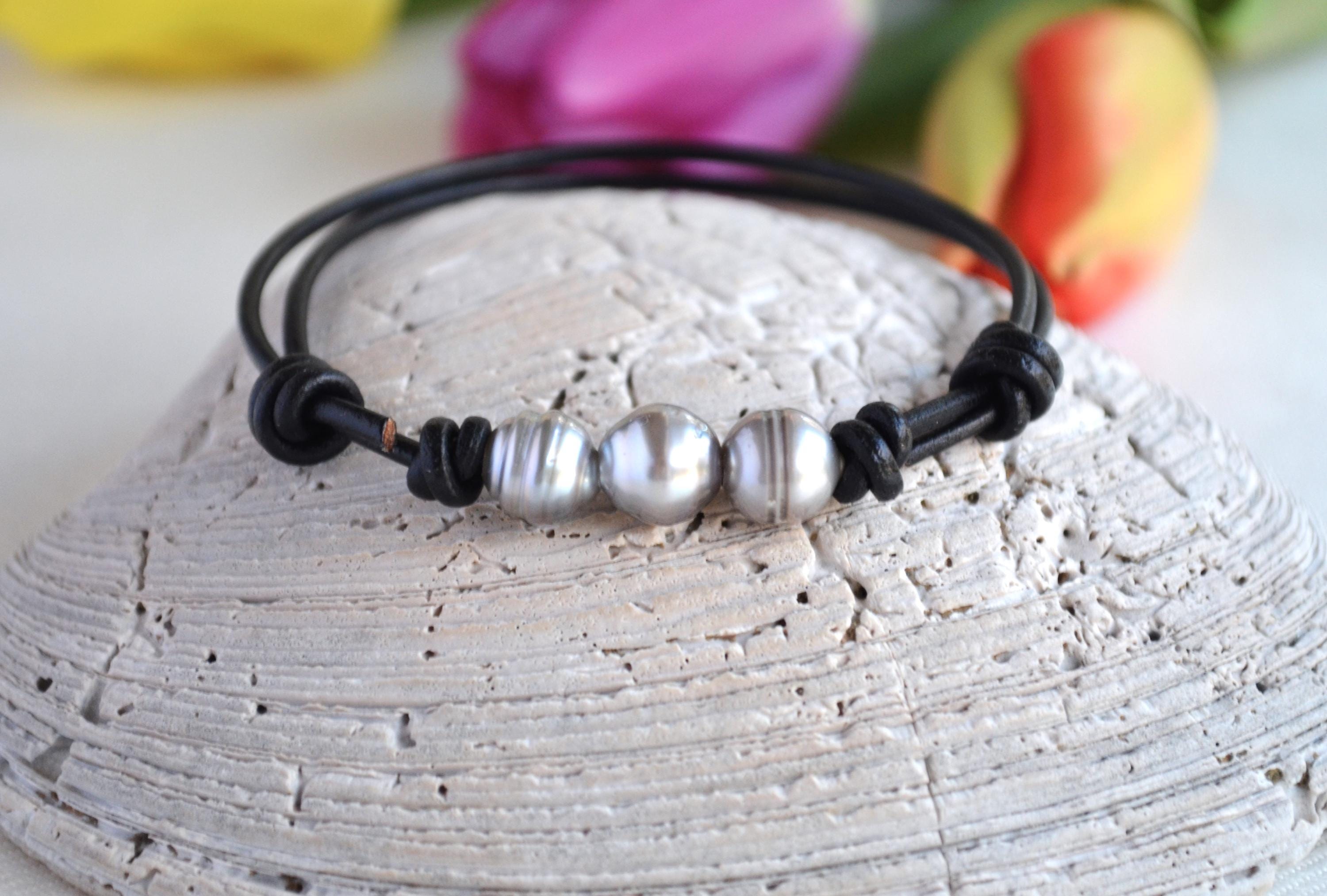 Tahitian Pearl Bracelet: Three Silver Pearls on Black Leather, Adjustable