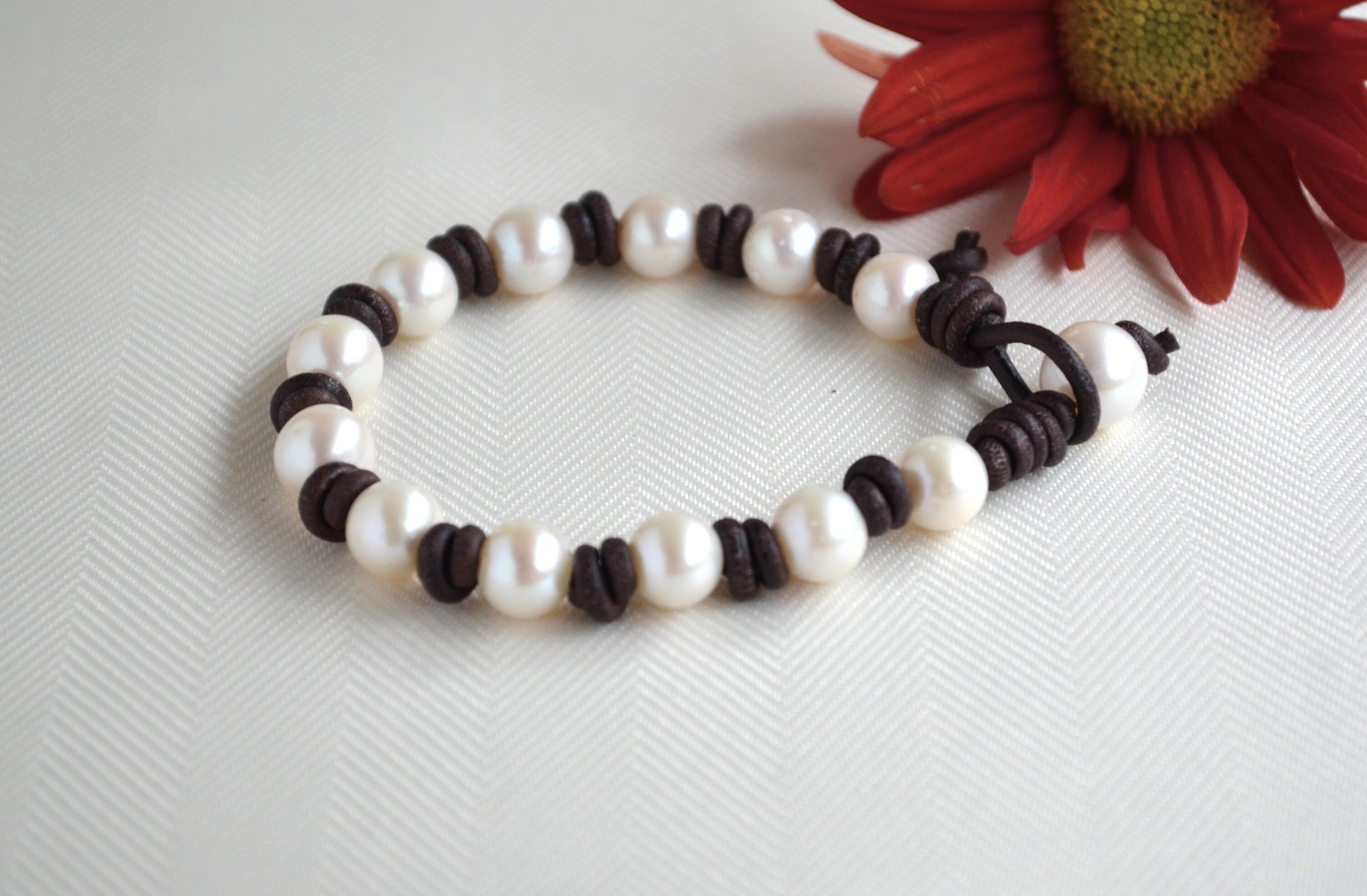 Knotted Leather Bracelet: White Freshwater Pearls, Elegant Jewelry