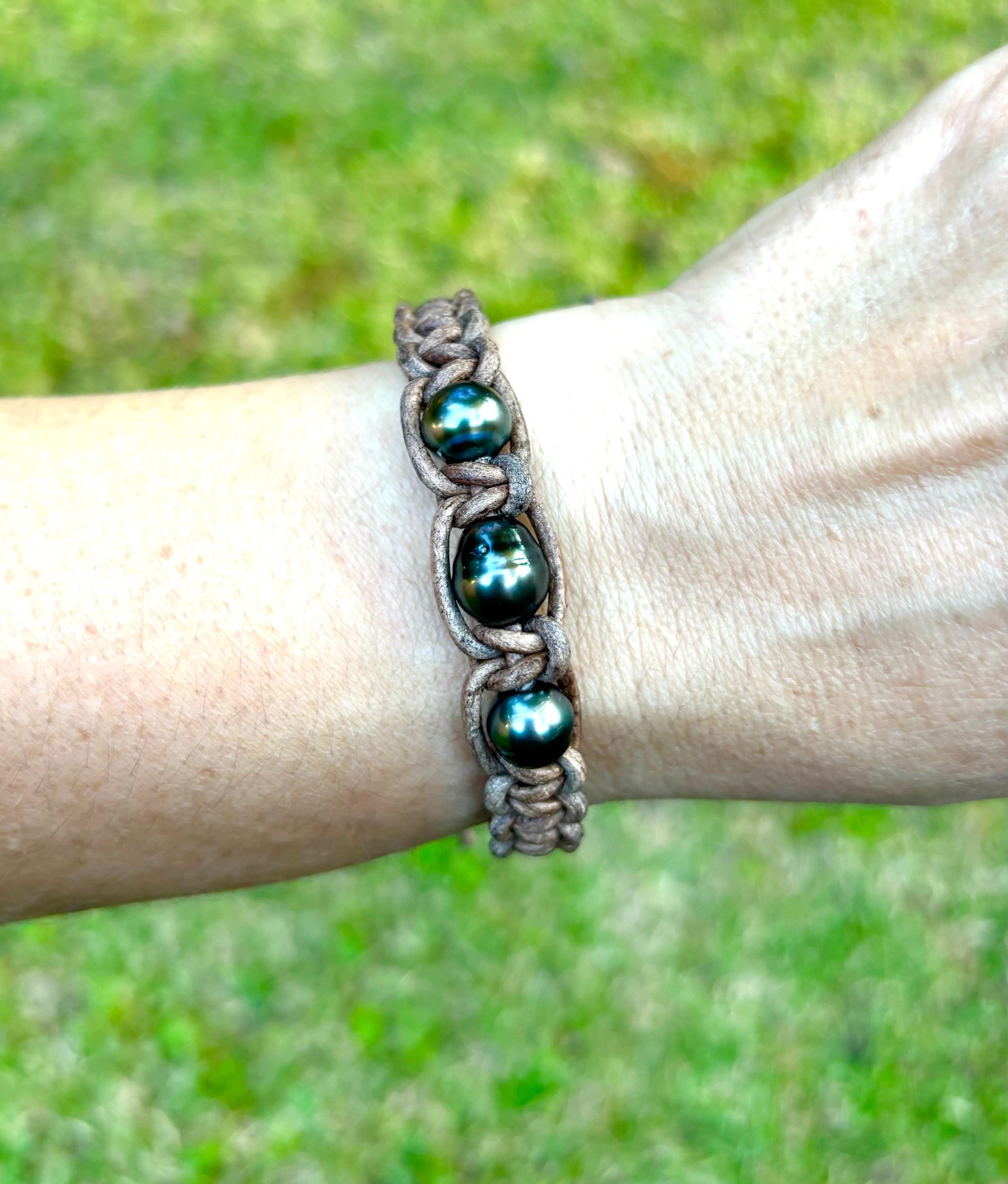 Tahitian Pearl Bracelet: Adjustable Brown Leather, Handmade Jewelry