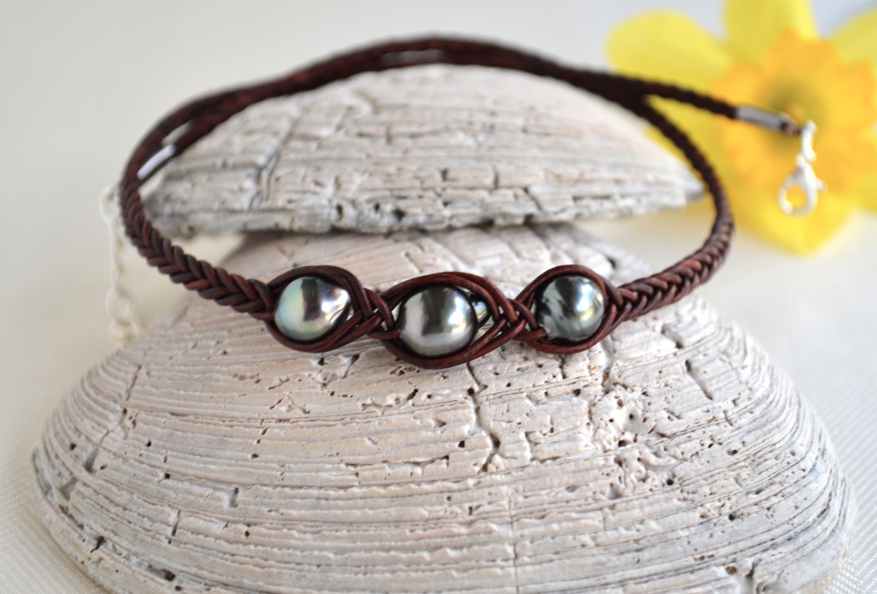 Three Tahitian Pearl Necklace: Braided Leather, Elegant Jewelry