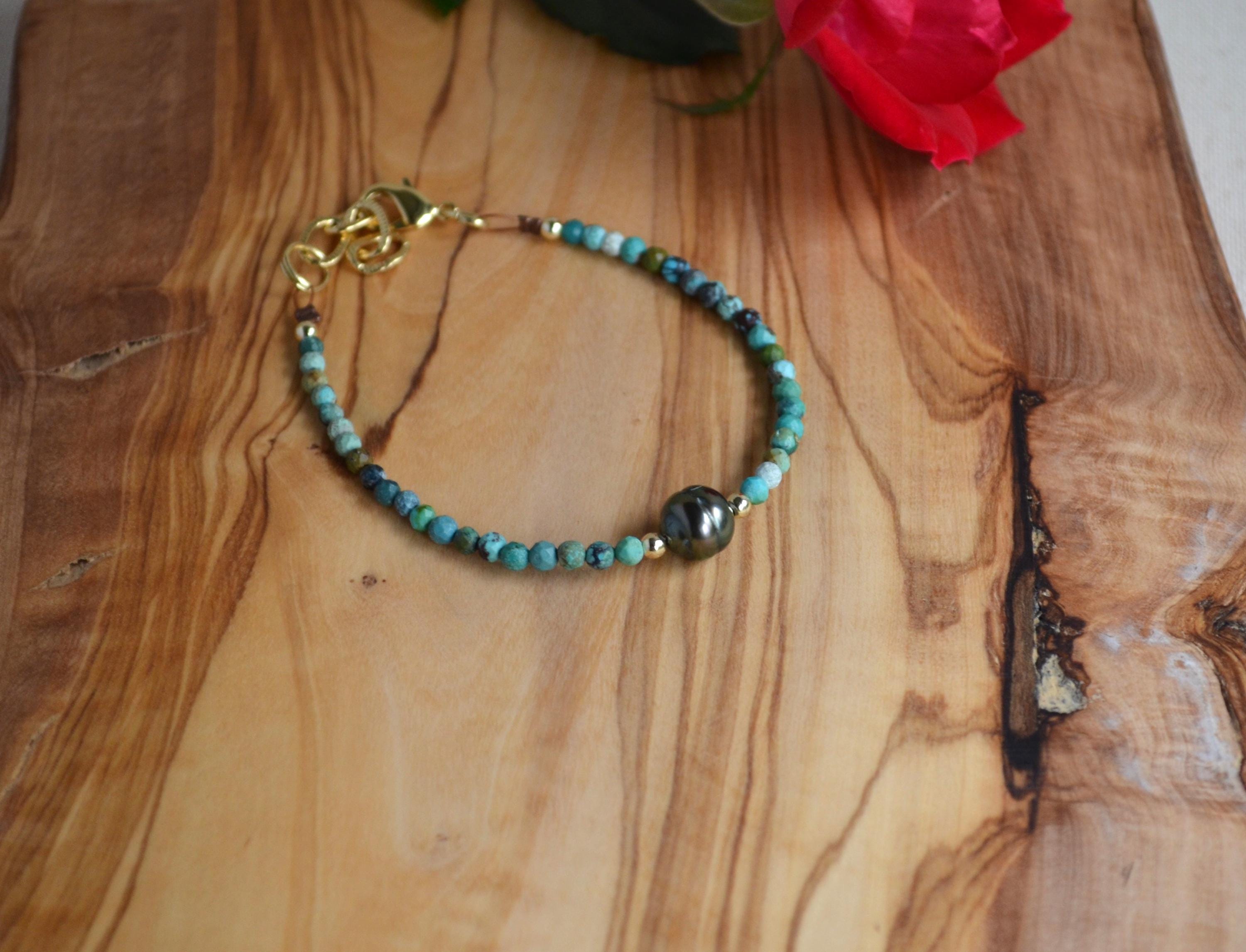 Tahitian Pearl Bracelet, Gold Filled Turquoise Beaded Jewelry