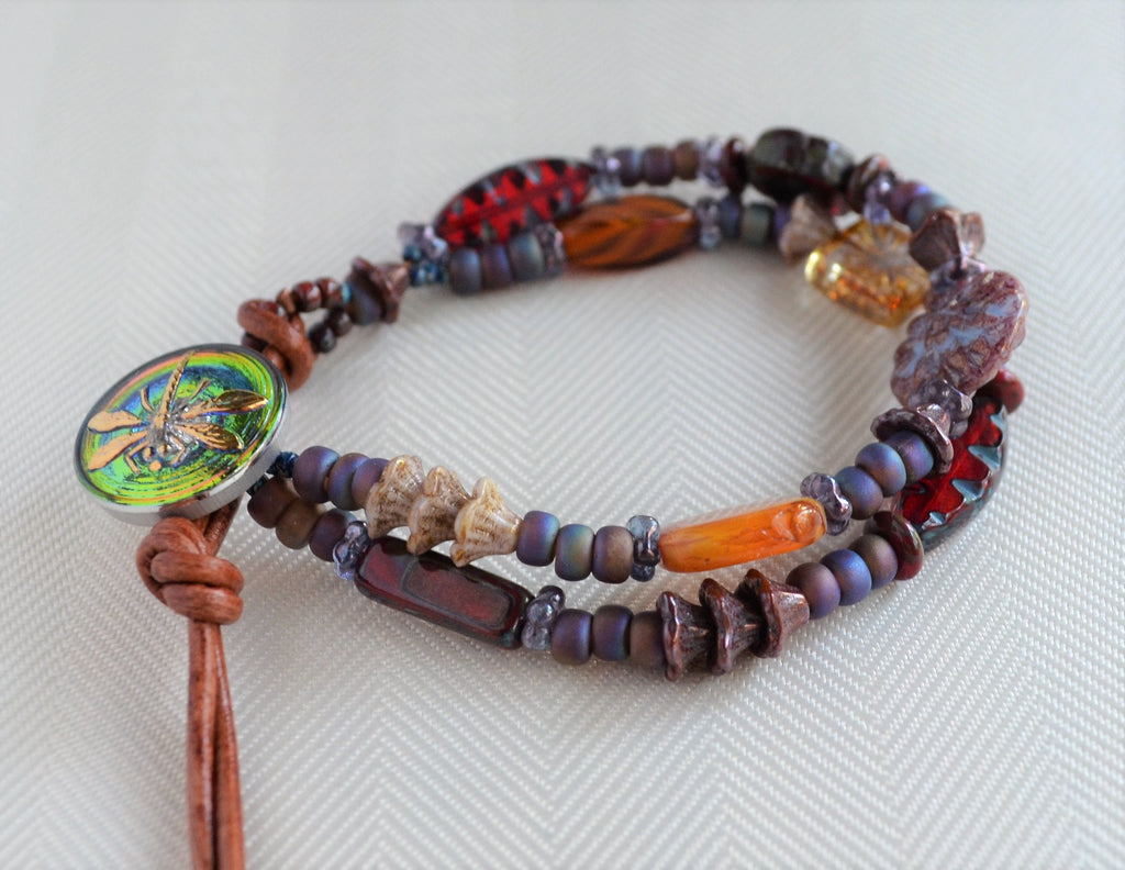 Boho Beaded Double Strand Bracelet: Czech Glass & Dragonfly Button