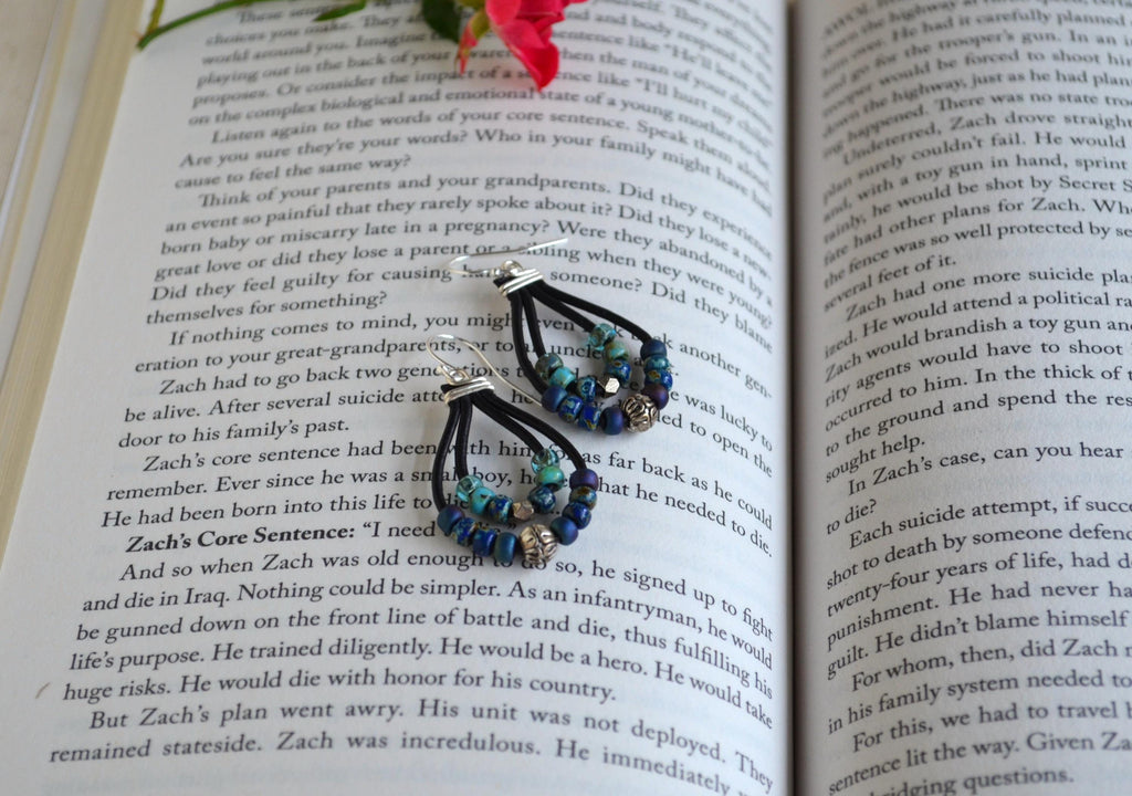 Blue Green Picasso Czech Bead Earrings, Sterling Silver, Leather Cord