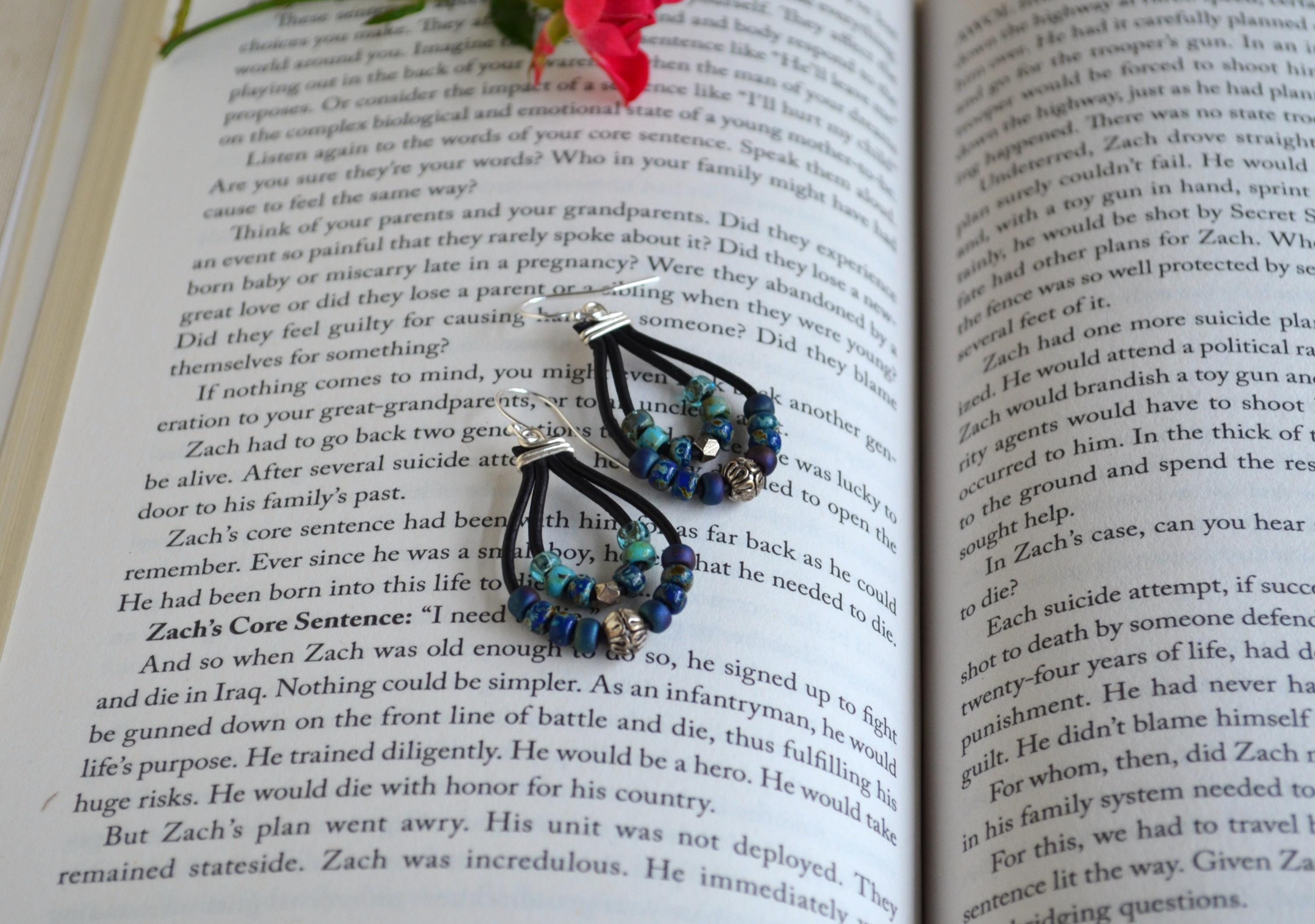 Blue Green Picasso Czech Bead Earrings, Sterling Silver, Leather Cord