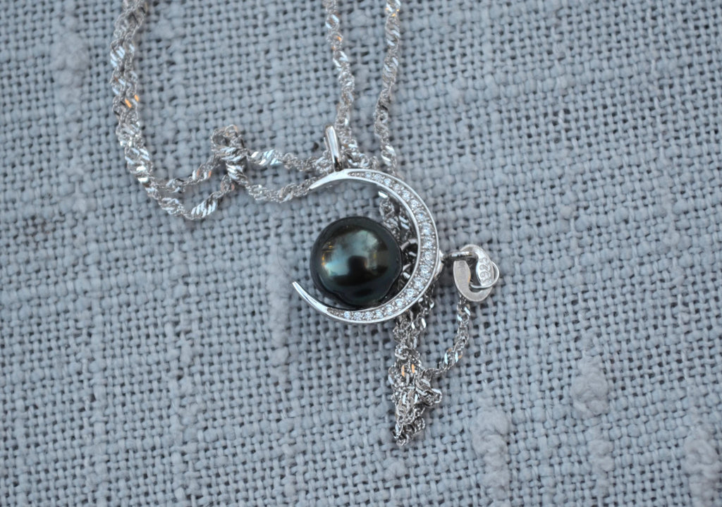 Tahitian Pearl Necklace: Sterling Silver Crescent Moon Pendant, CZ Accents