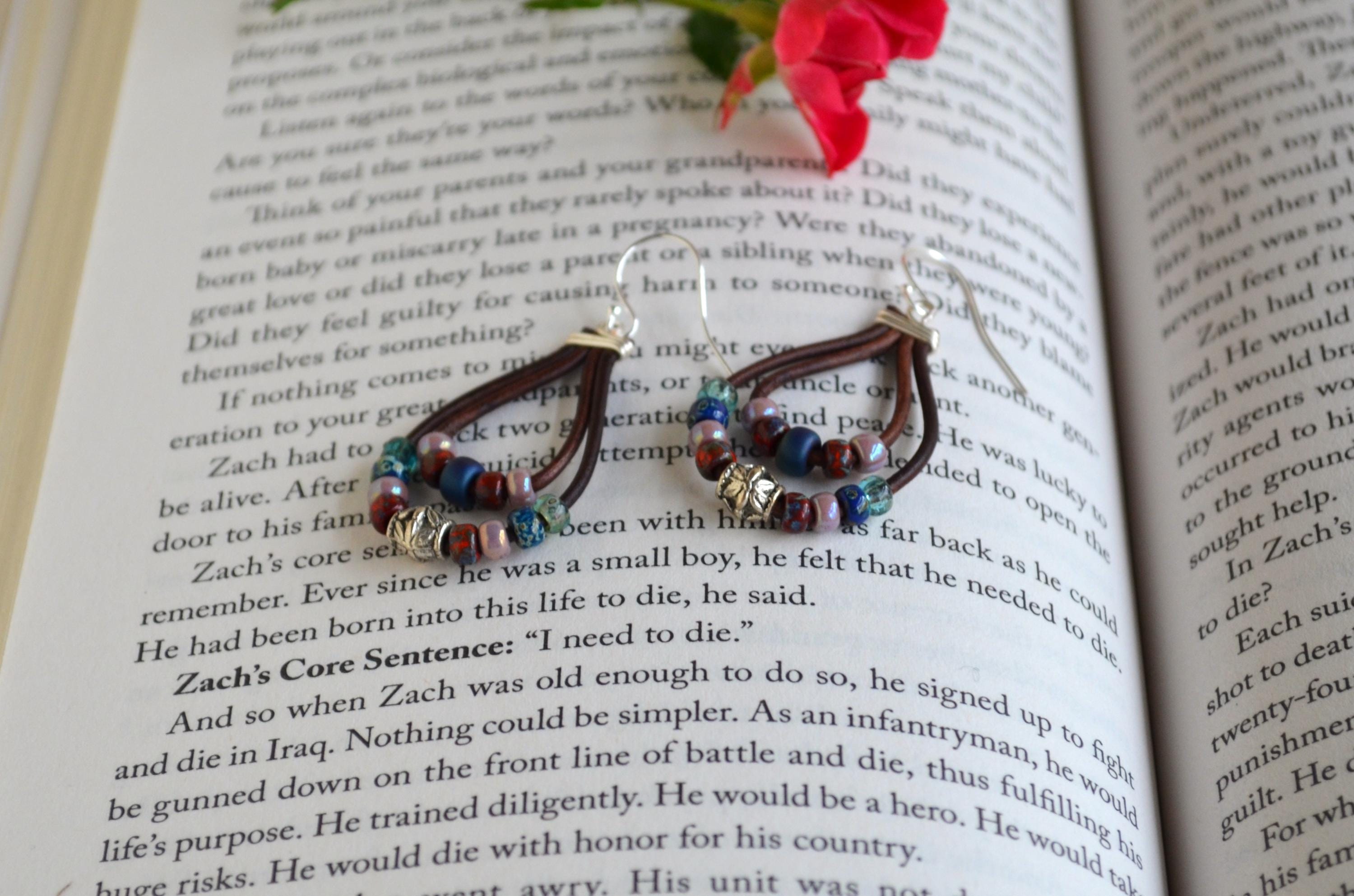 Multi-Color Picasso Bead Leather Dangle Earrings, Sterling Silver