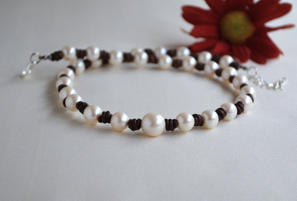 Knotted Pearl Leather Necklace: Freshwater Pearls, Boho Jewelry