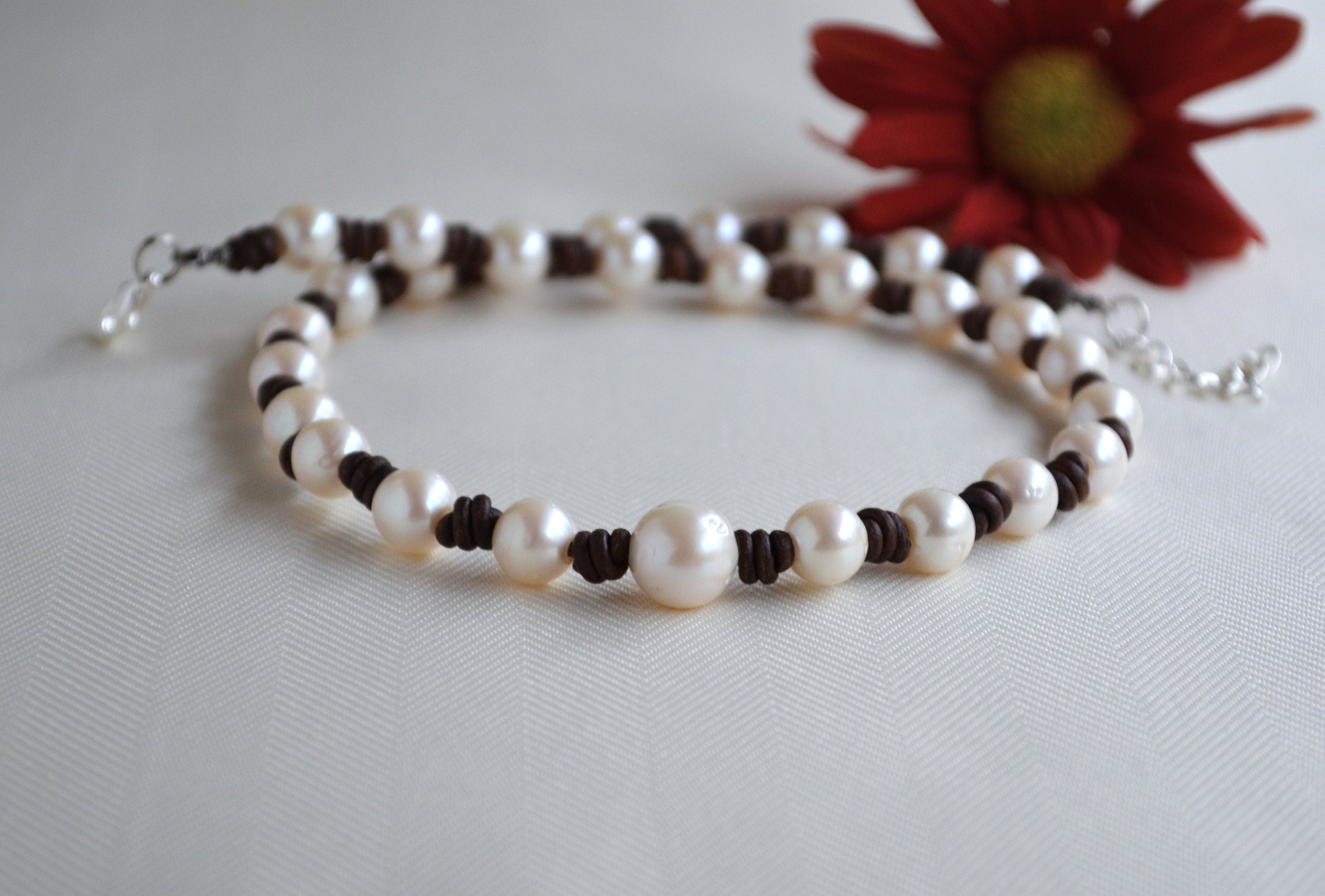 Knotted Pearl Leather Necklace: Freshwater Pearls, Boho Jewelry