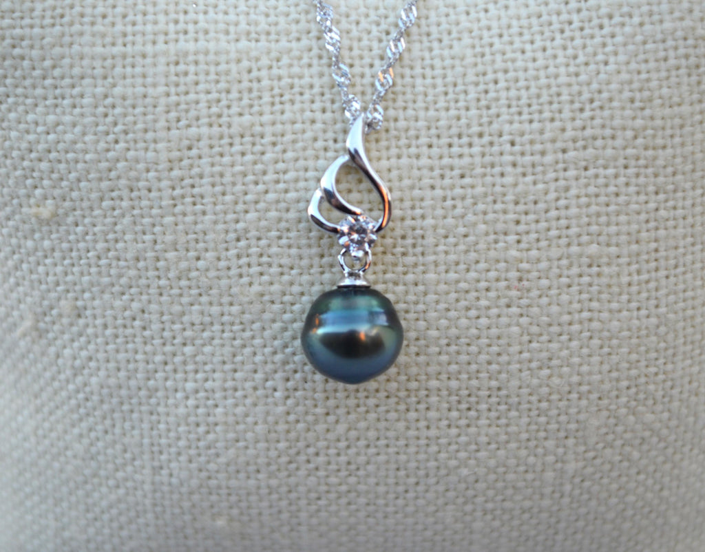 Tahitian Pearl Necklace: Sterling Silver Pendant, Cubic Zirconia Accent