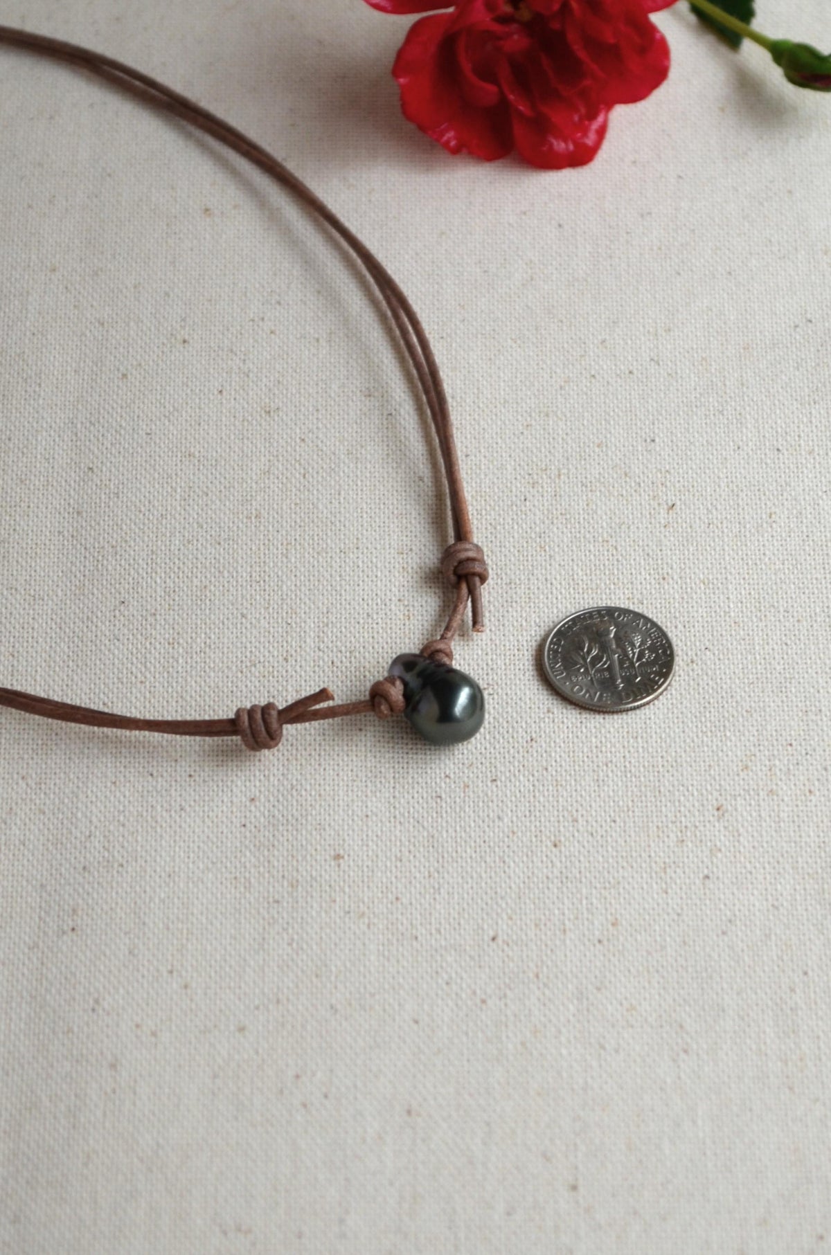 Tahitian Drop Pearl Necklace: Brown Grey Leather Adjustable Necklace