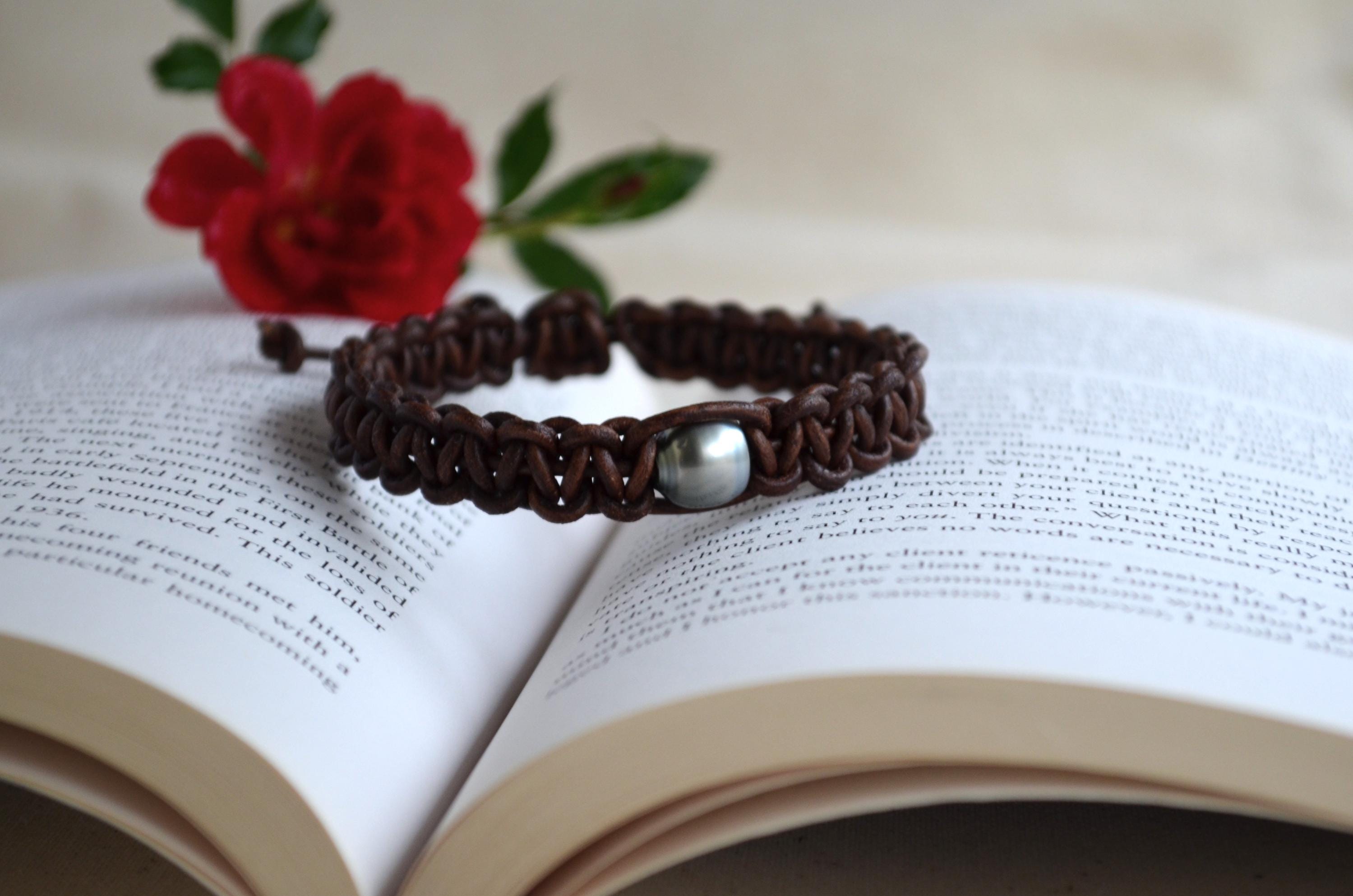 Tahitian Pearl Bracelet, Braided Leather Cuff, Boho Jewelry, Men's Bracelet