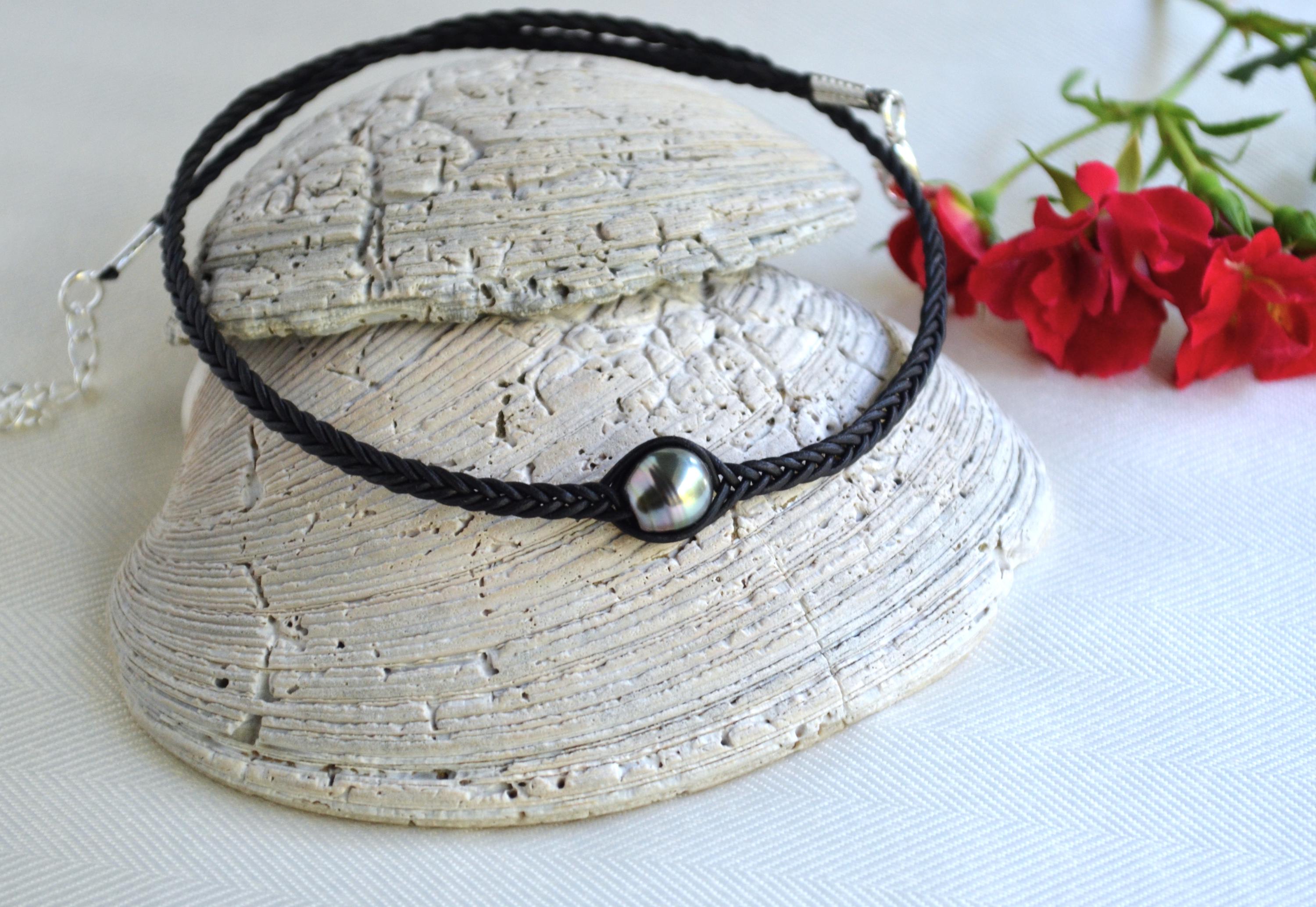 Tahitian Pearl Necklace: Braided Leather Choker, Elegant Unisex Jewelry