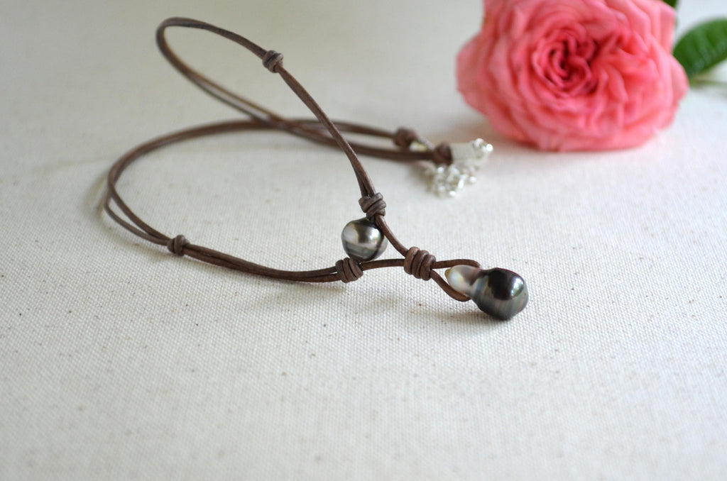 Tahitian Pearl Leather Necklace, Large Drop Pearl, Silver Black, Handmade Jewelry