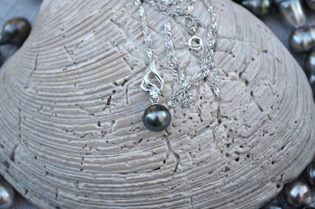 Tahitian Pearl Necklace: Sterling Silver Pendant, Cubic Zirconia Accent