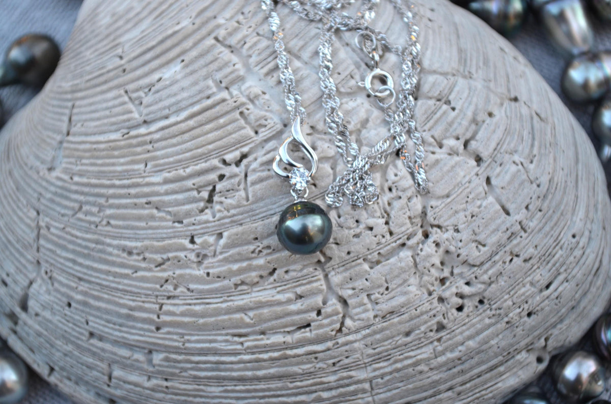 Tahitian Pearl Necklace: Sterling Silver Pendant, Cubic Zirconia Accent