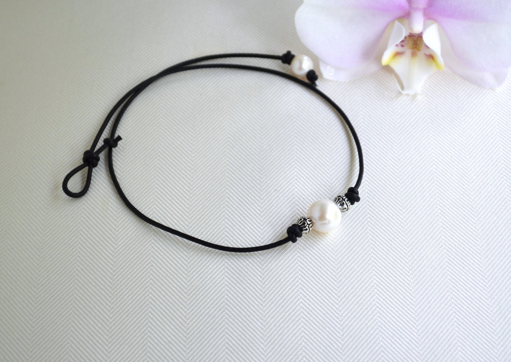 Large Pearl Leather Choker: Silver Plated Beads, Boho Jewelry