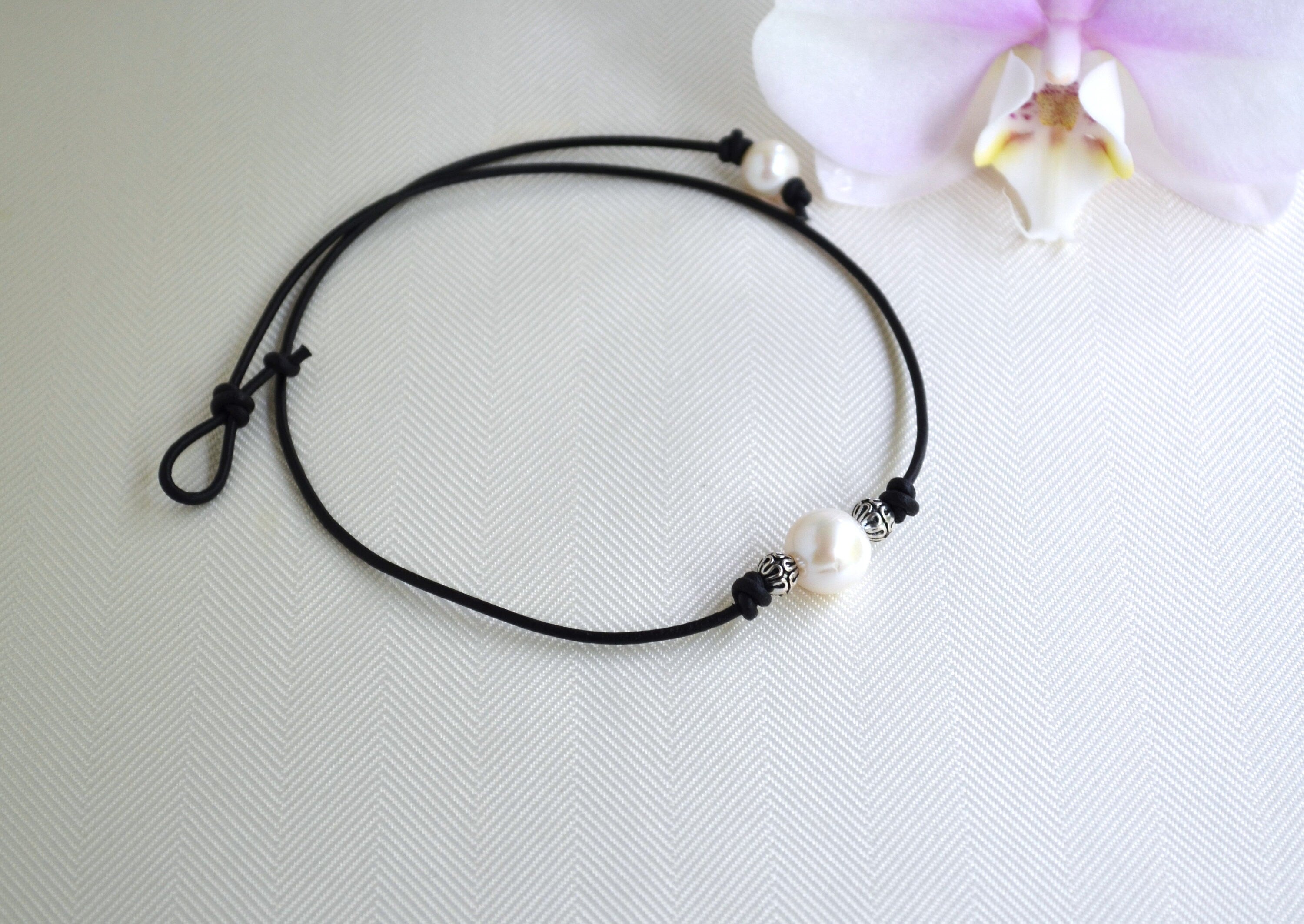 Large Pearl Leather Choker: Silver Plated Beads, Boho Jewelry