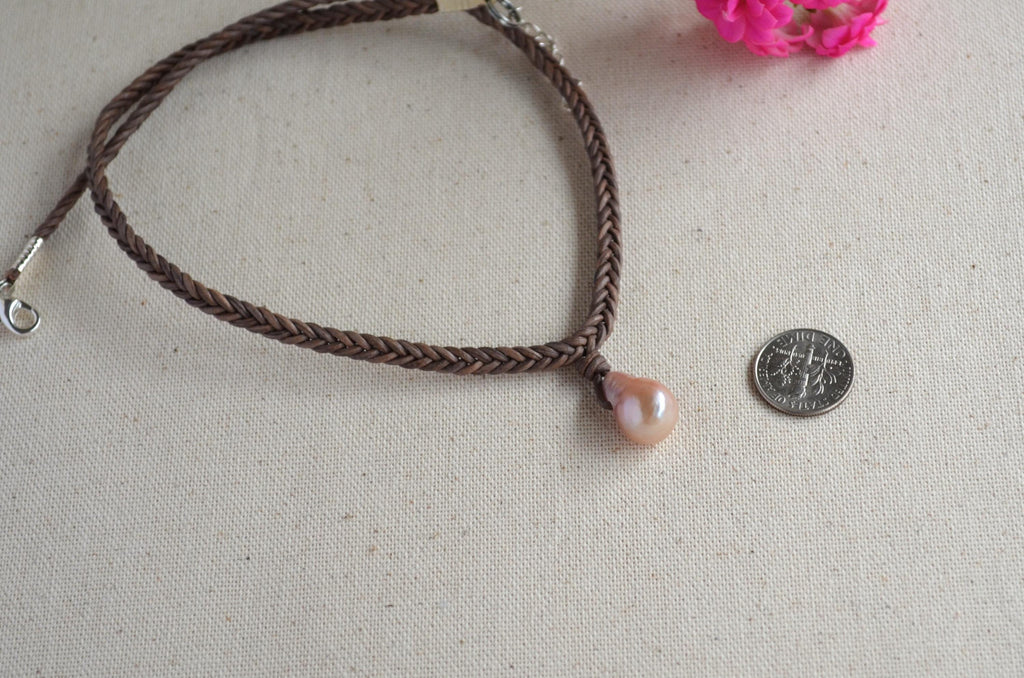 Edison Pearl Leather Necklace: Pink Mauve Baroque Pendant, Hand Braided Cord