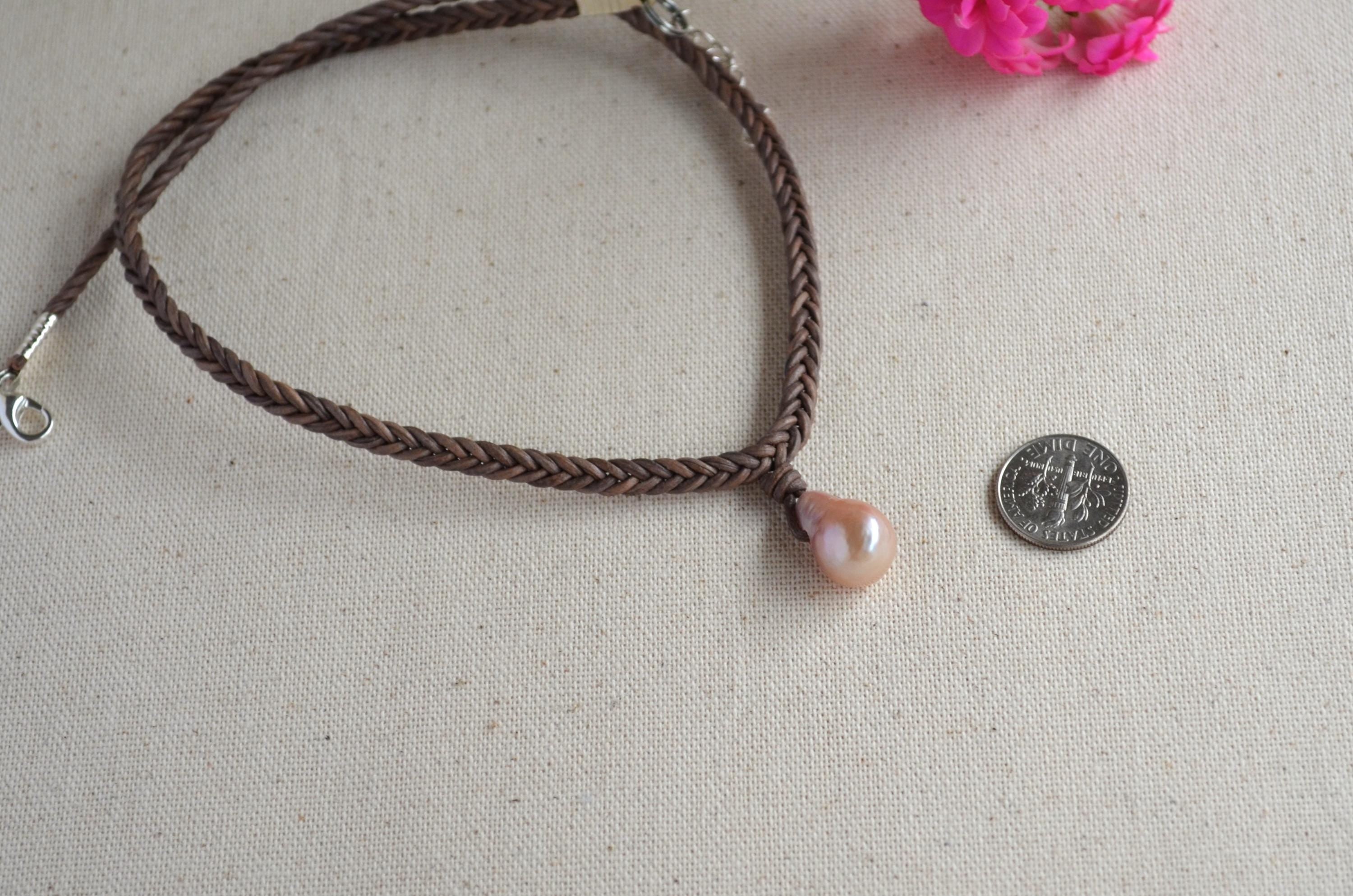 Edison Pearl Leather Necklace: Pink Mauve Baroque Pendant, Hand Braided Cord