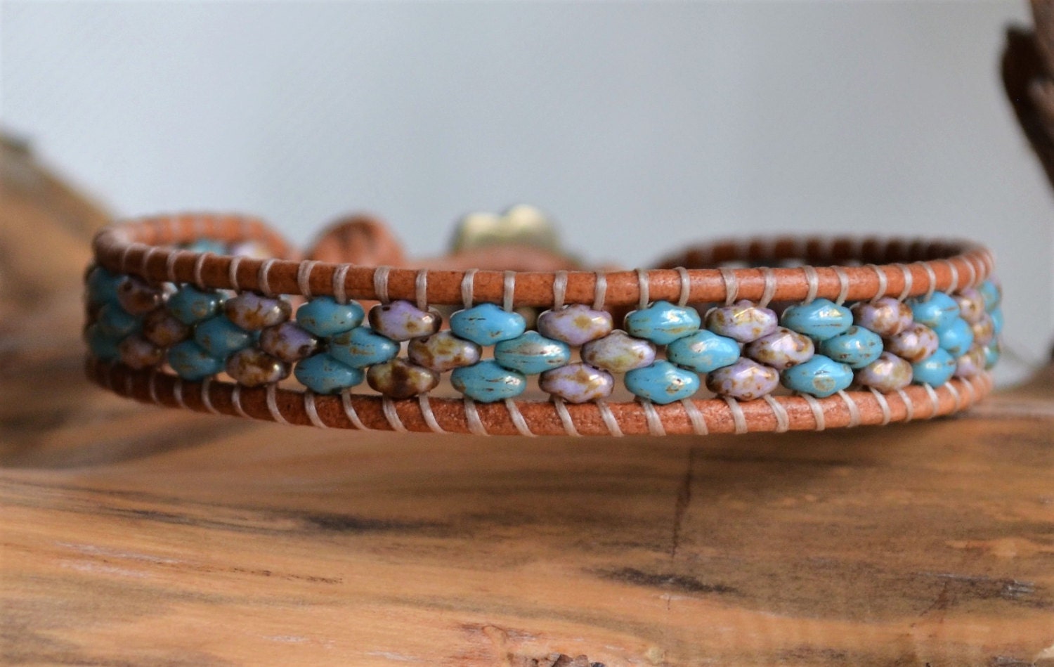 Beaded Leather Wrap Bracelet: Violet Turquoise Boho Jewelry