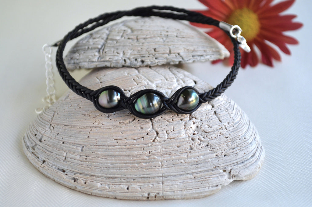 Tahitian Pearl Necklace: Three Stone Braided Black Leather Jewelry
