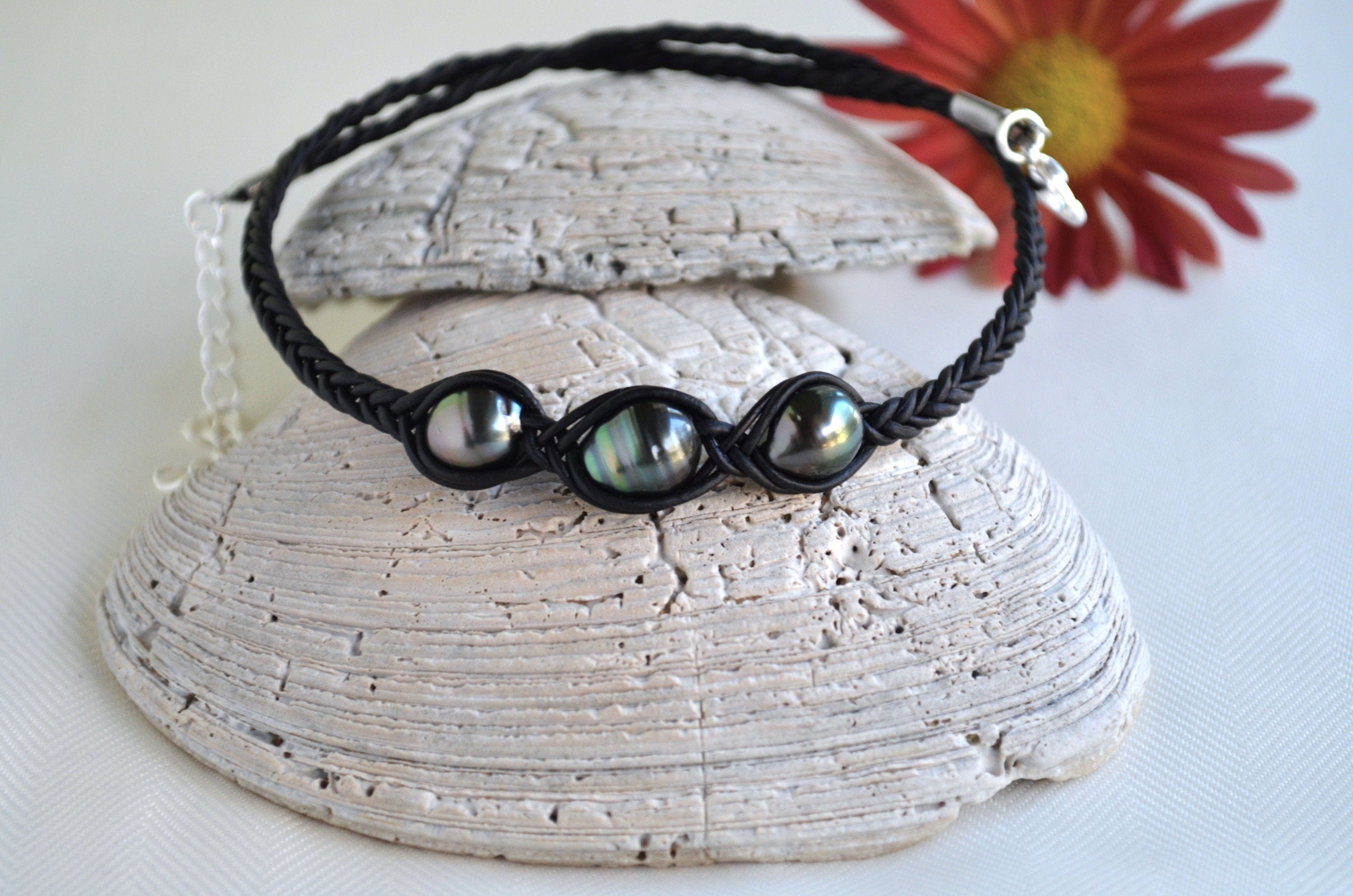 Tahitian Pearl Necklace: Three Stone Braided Black Leather Jewelry