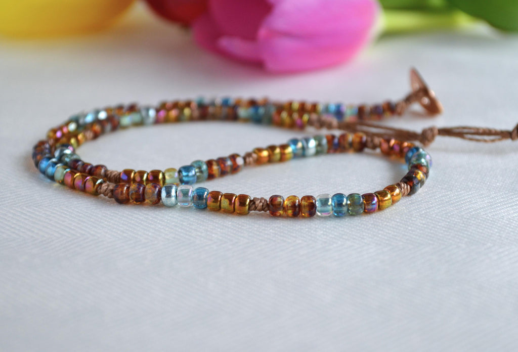 Boho Czech Glass Beaded Choker Necklace, Knotted, Button Closure