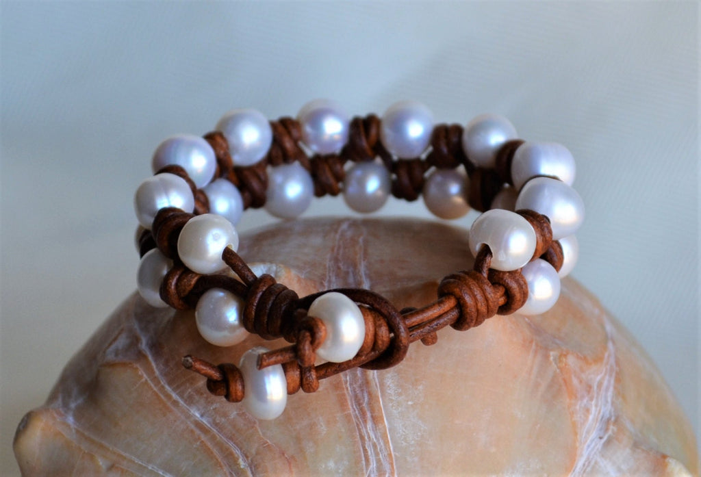 Knotted Pearl Leather Bracelet: Boho Freshwater Pearl Cuff