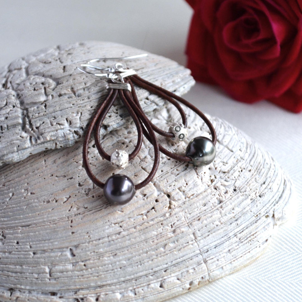 Tahitian Pearl Leather Hoop Earrings: Sterling Silver, Elegant Dangle Jewelry