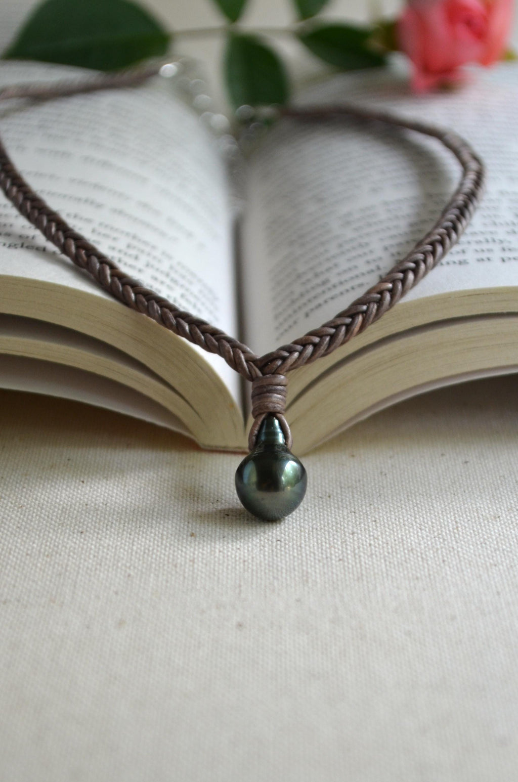 Tahitian Pearl Necklace: Handmade Braided Leather Jewelry