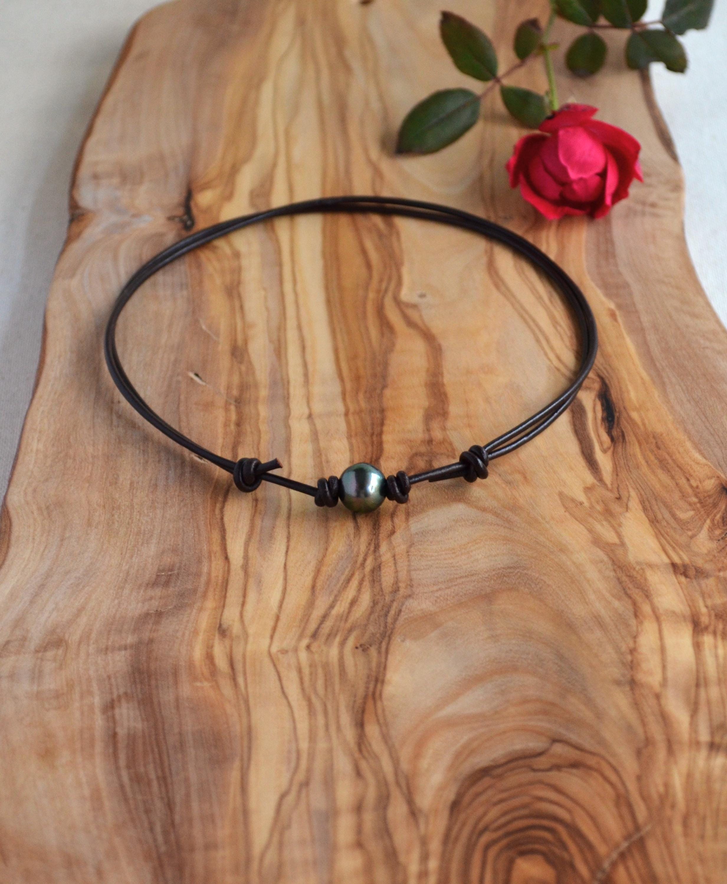 Tahitian Pearl Choker, Adjustable Brown Leather Necklace