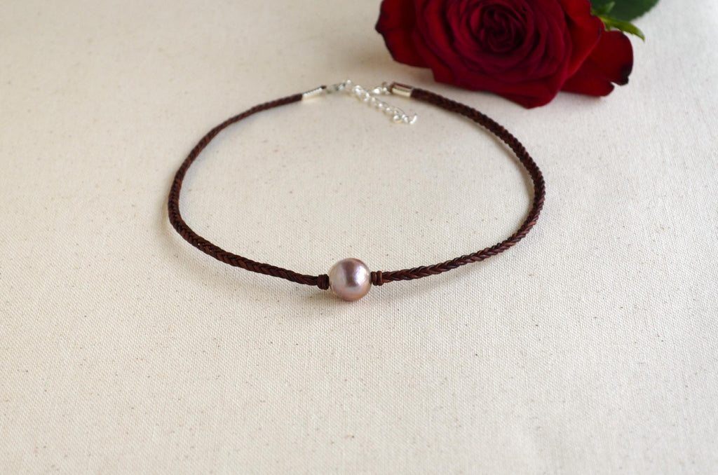 Mauve Pink Edison Pearl on Hand Braided Leather Five Cords Women's Short Necklace