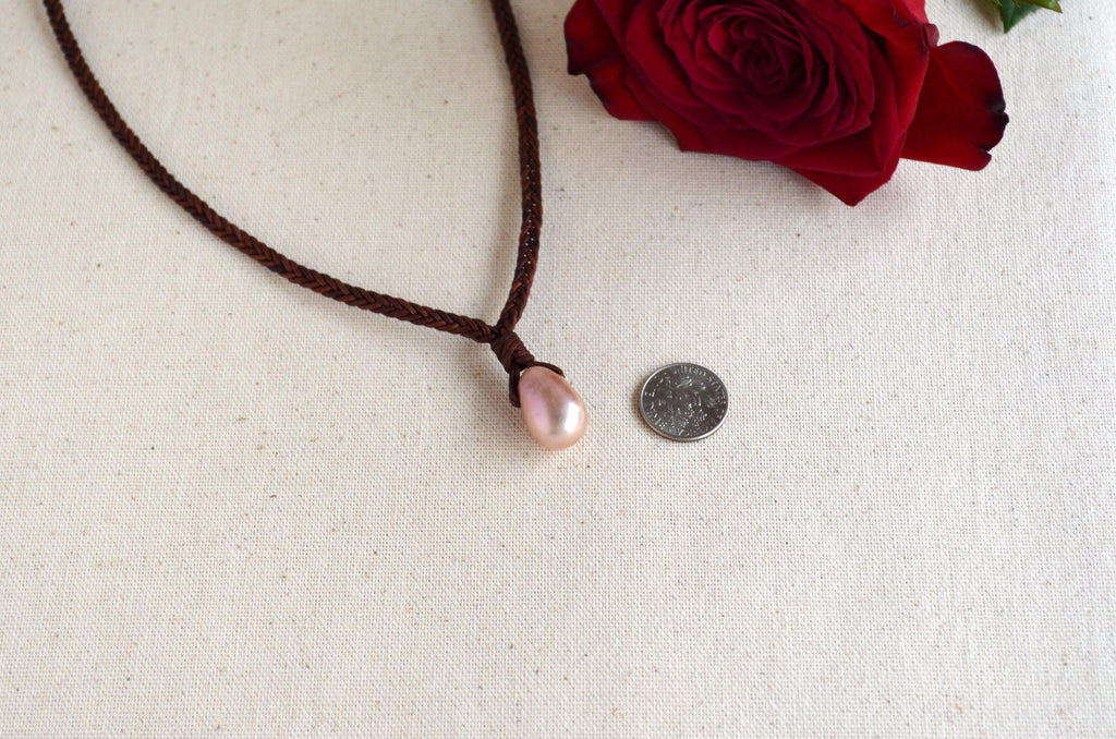 Large Edison Pearl Leather Necklace, Hand Braided Brown Leather Choker, Statement Piece
