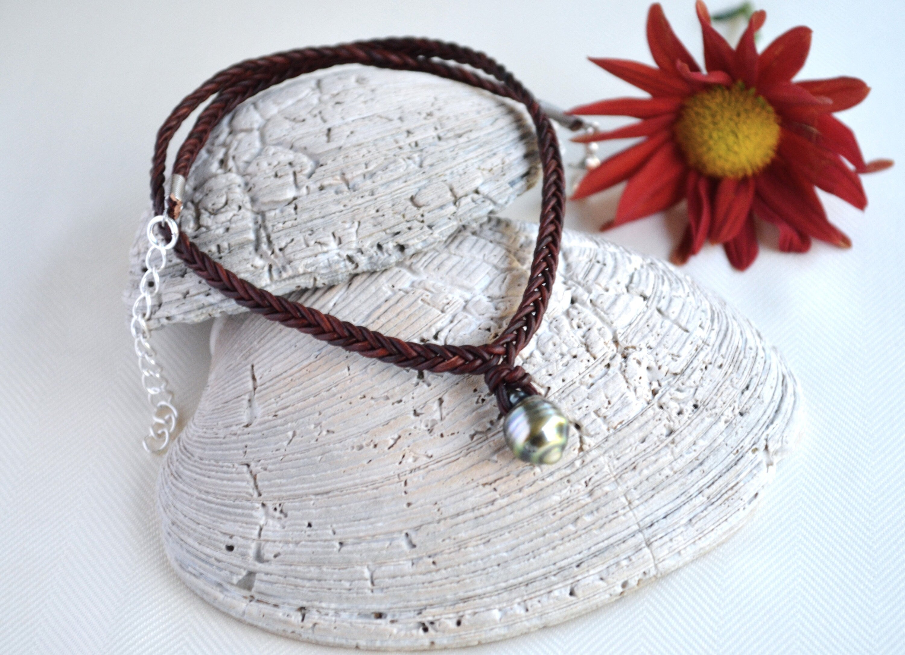 Tahitian Teardrop Pearl Leather Short Necklace for Women, Hand Braided Leather Necklace