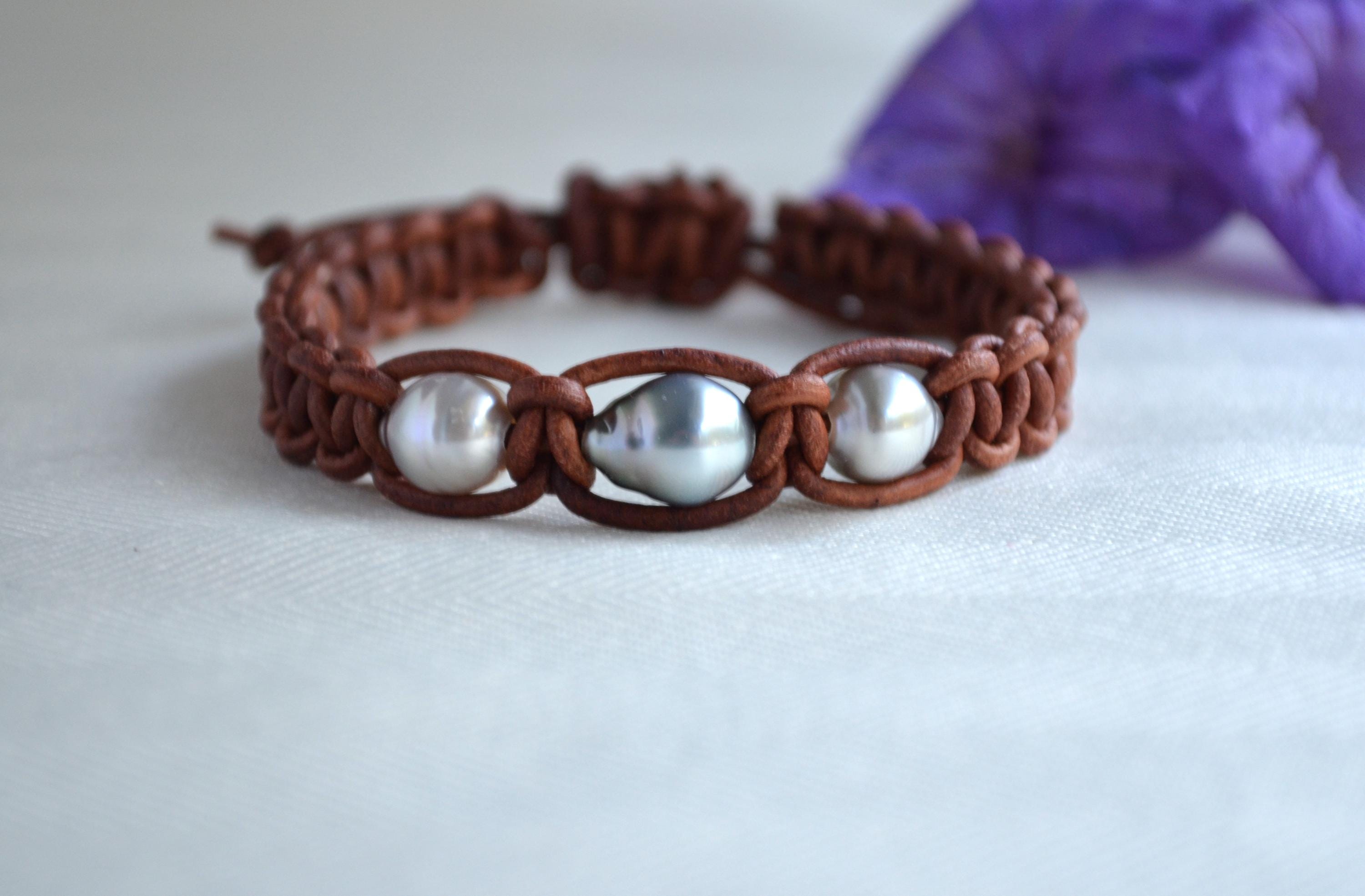 Tahitian Pearl Bracelet: Brown Leather Adjustable Bracelet Unisex