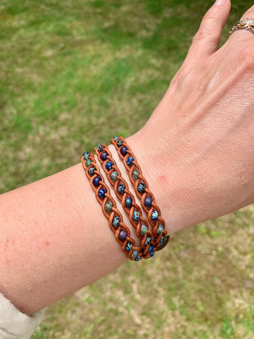 Braided Leather Wrap Bracelet: Picasso Beads, Boho Style