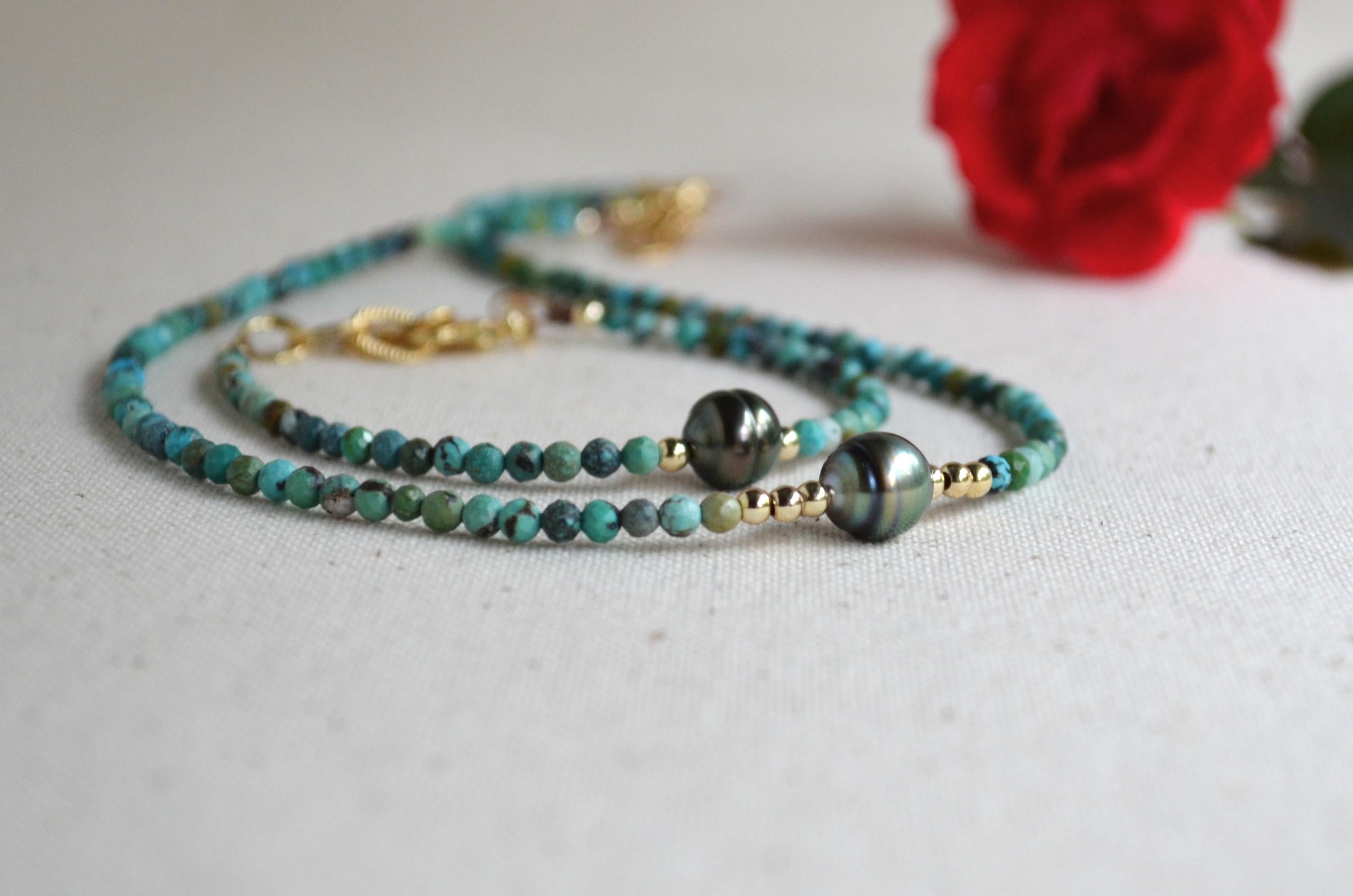 Tahitian Pearl Short Necklace, Turquoise Beaded Collar, Minimal Gold Filled Necklace, Everyday Elegant Jewelry