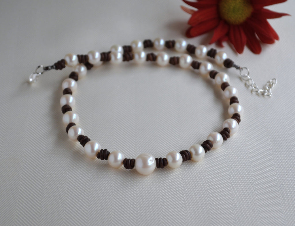 Knotted Pearl Leather Necklace: Freshwater Pearls, Boho Jewelry