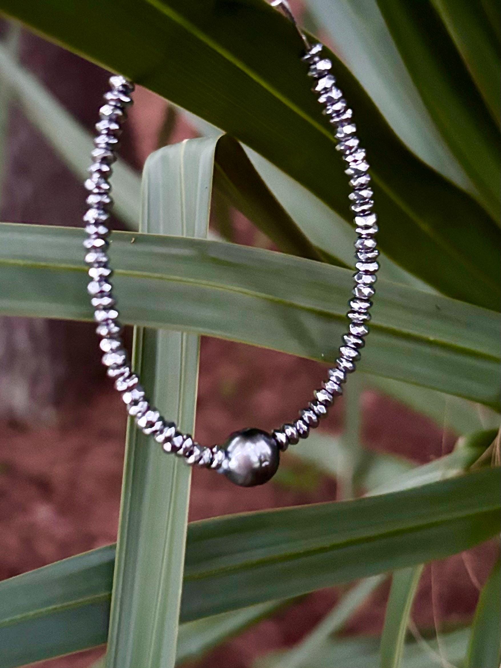 Tahitian Pearl Bracelet: Silver Hematite Beads, Cultured Saltwater Pearls