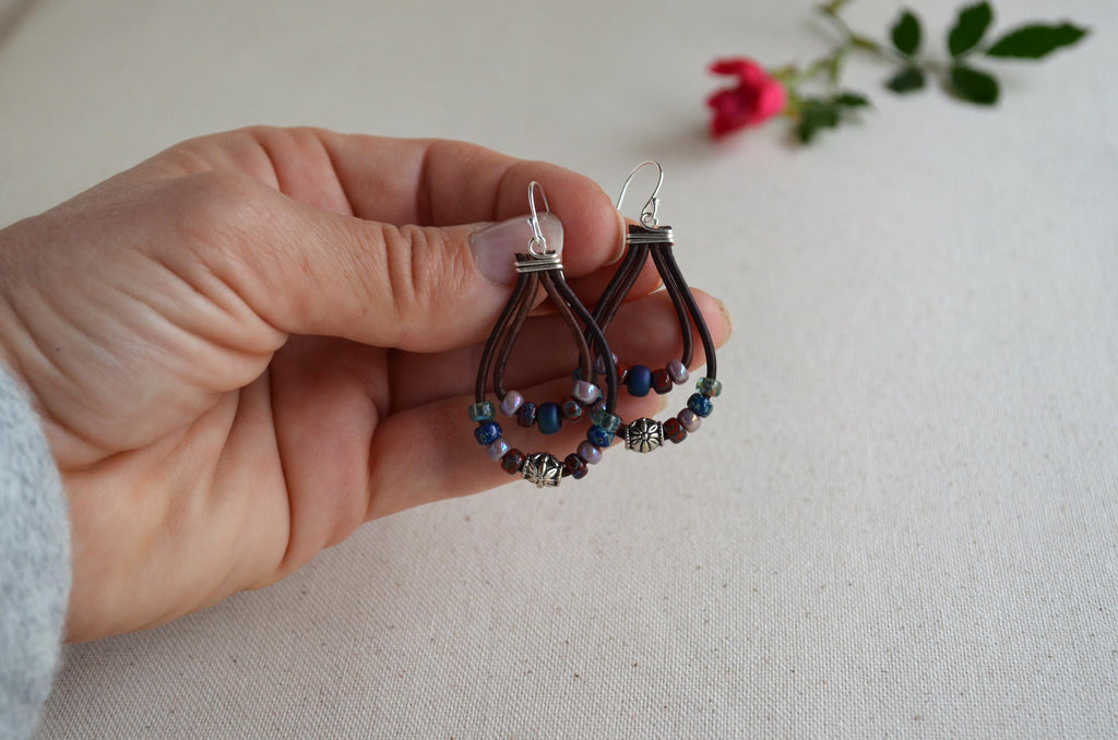 Multi-Color Picasso Bead Leather Dangle Earrings, Sterling Silver