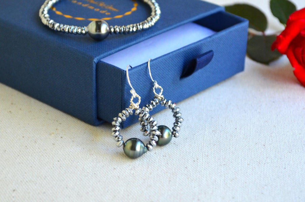 Tahitian Pearl and Hematite Earrings on Sterling Silver French Ear Wires Gift for Her