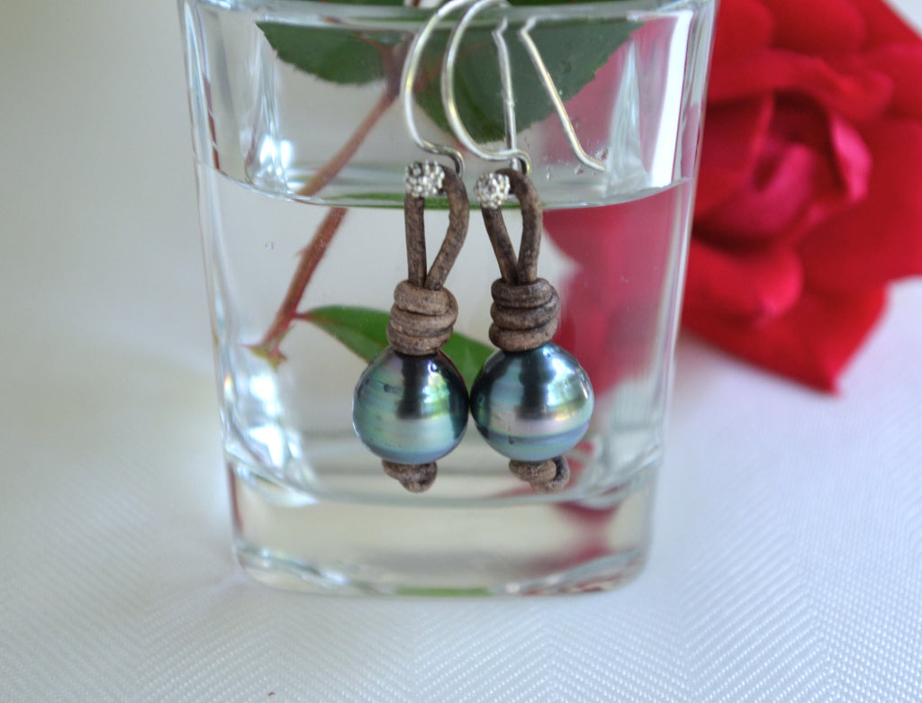 Tahitian Pearl Earrings: Sterling Silver, Brown Leather, Elegant Jewelry