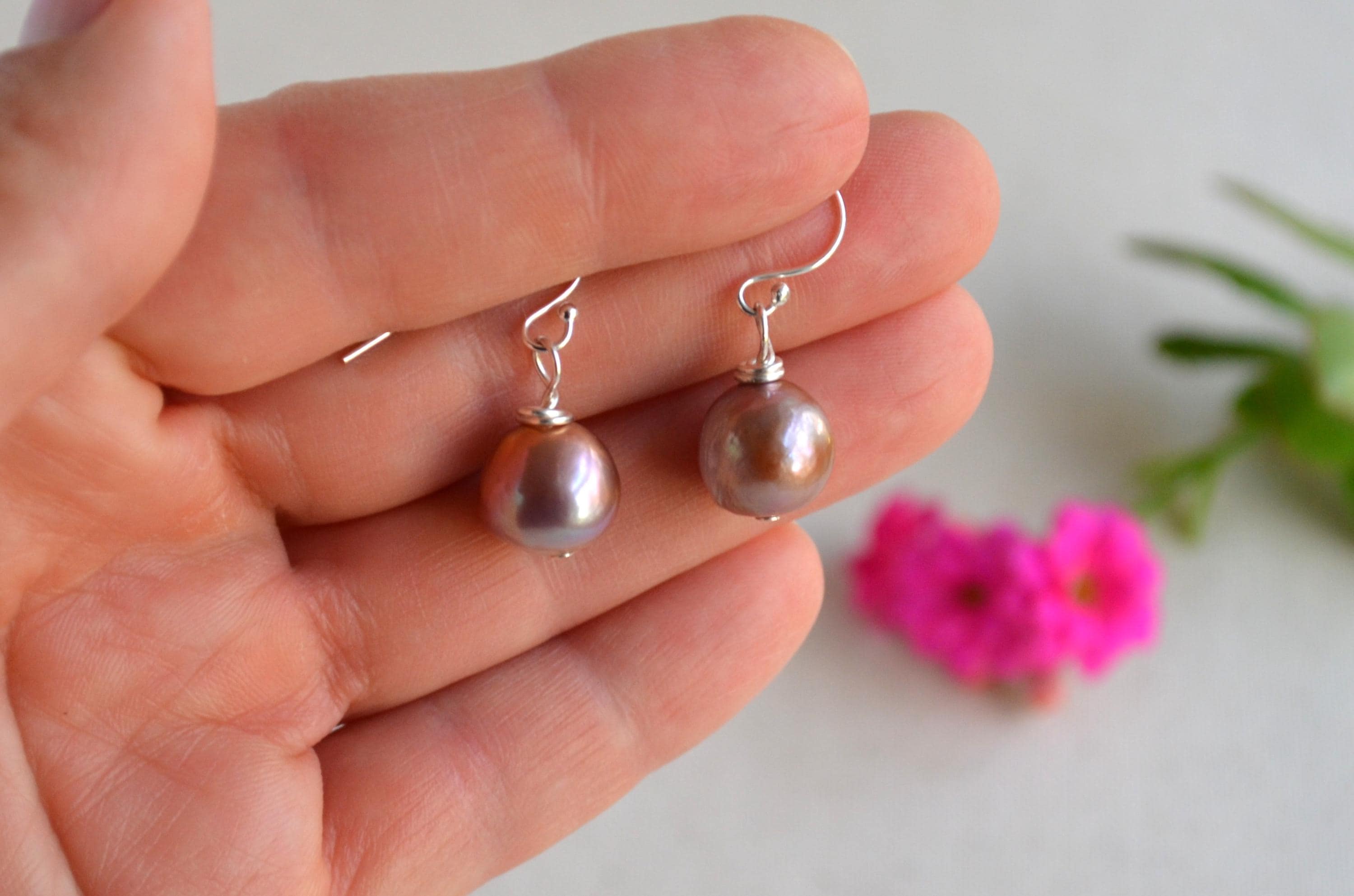 Mauve Lavender Edison Pearl Earrings – Sterling Silver, Handmade