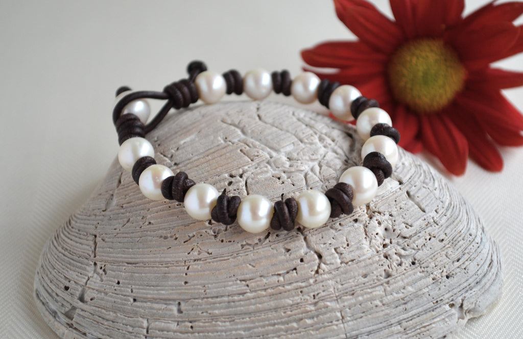 Knotted Leather Bracelet: White Freshwater Pearls, Elegant Jewelry