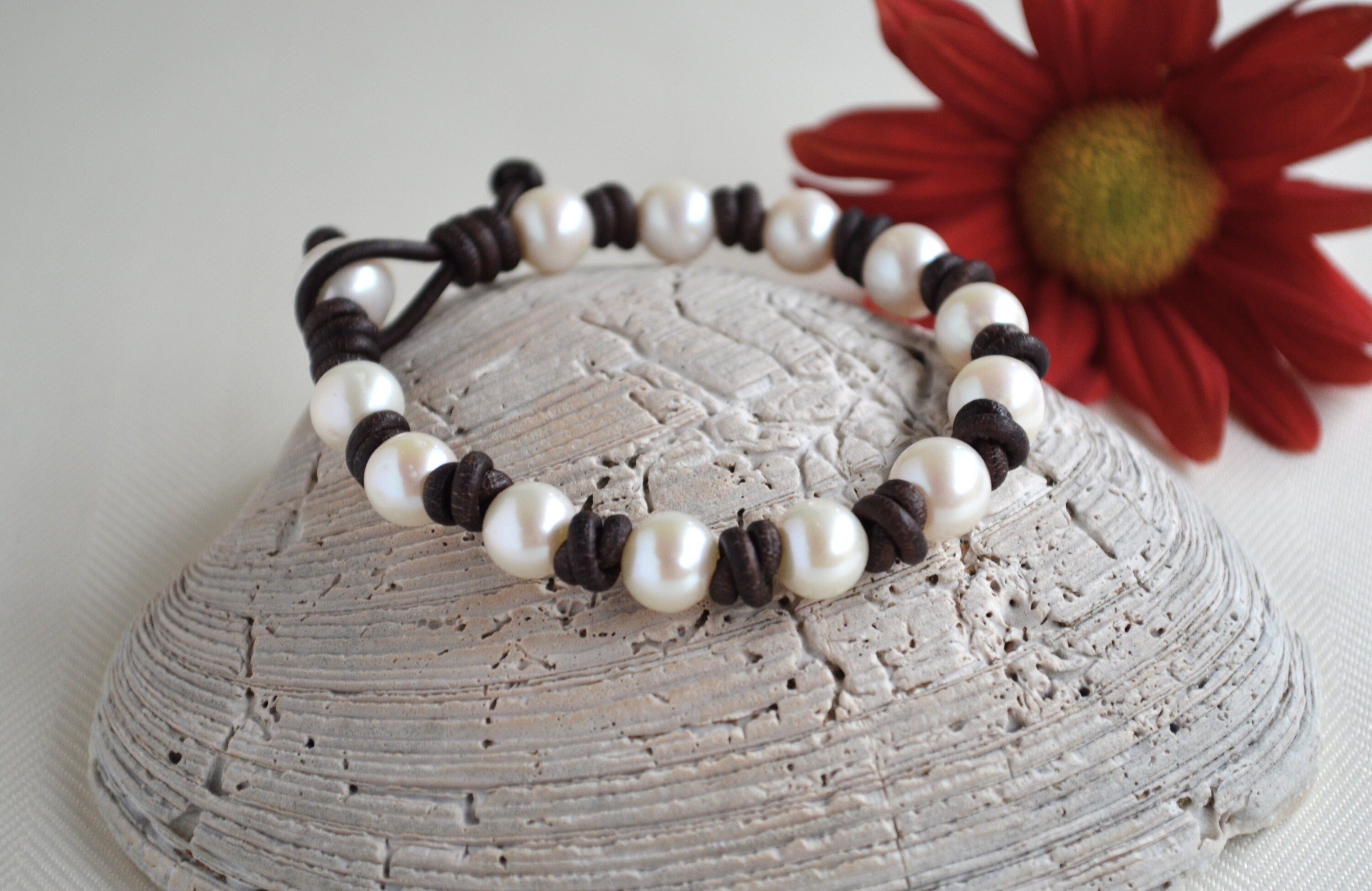 Knotted Leather Bracelet: White Freshwater Pearls, Elegant Jewelry
