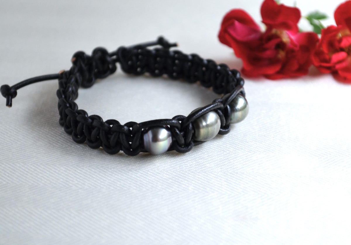 Three Tahitian Pearl Braided Greek Leather Bracelet