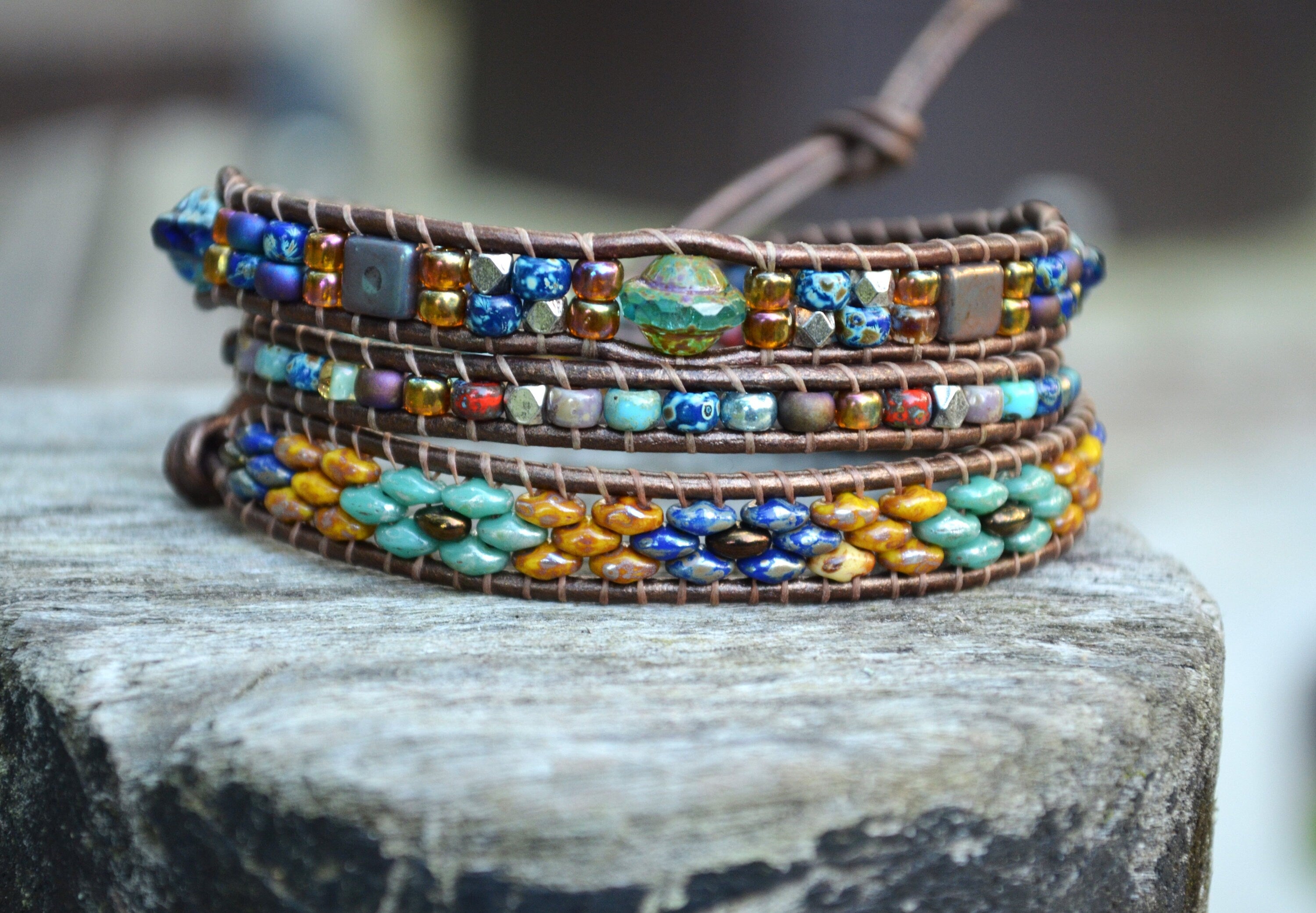 Boho Leather Wrap Bracelet, Tile & Czech Glass Beaded
